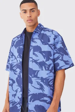 Oversized Boxy Ripstop Zip Through Camo Shirt | BoohooMAN UK