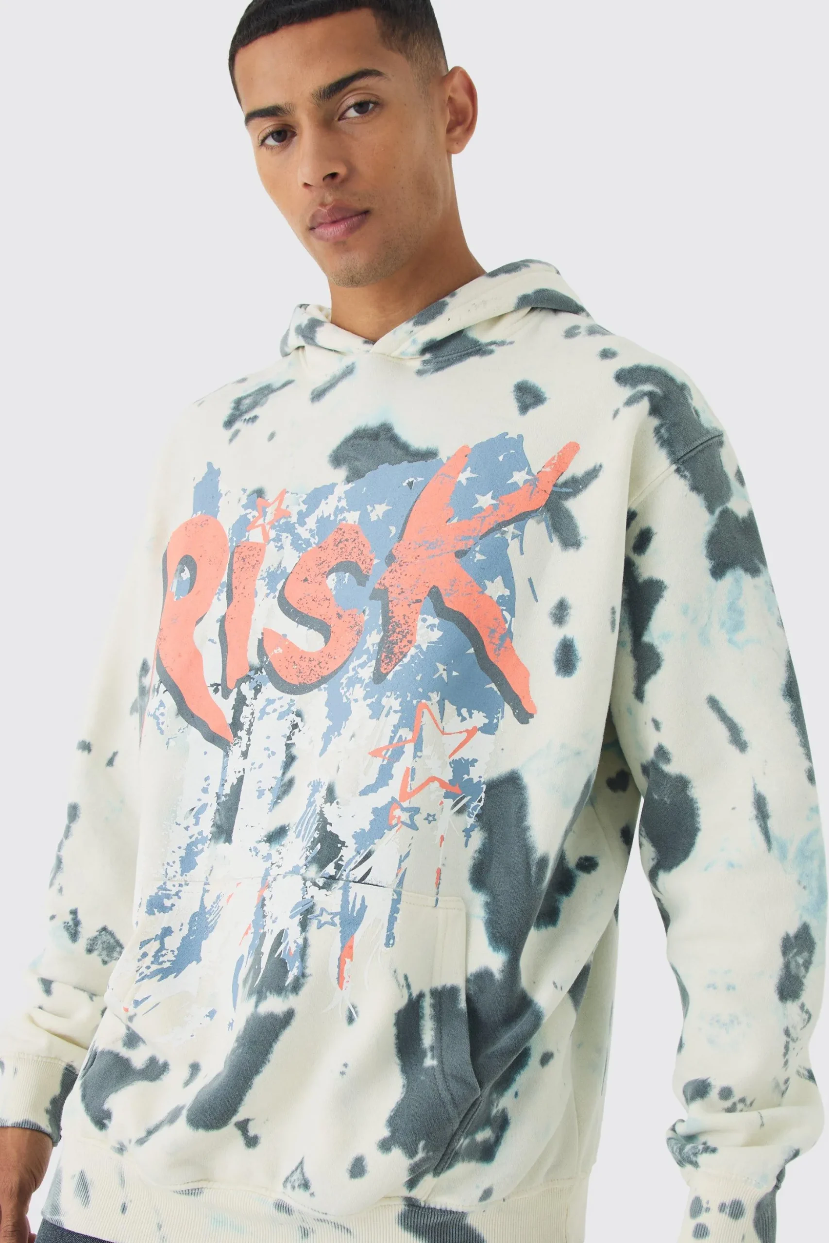 Oversized Boxy Risk Print Hoodie | BoohooMAN UK