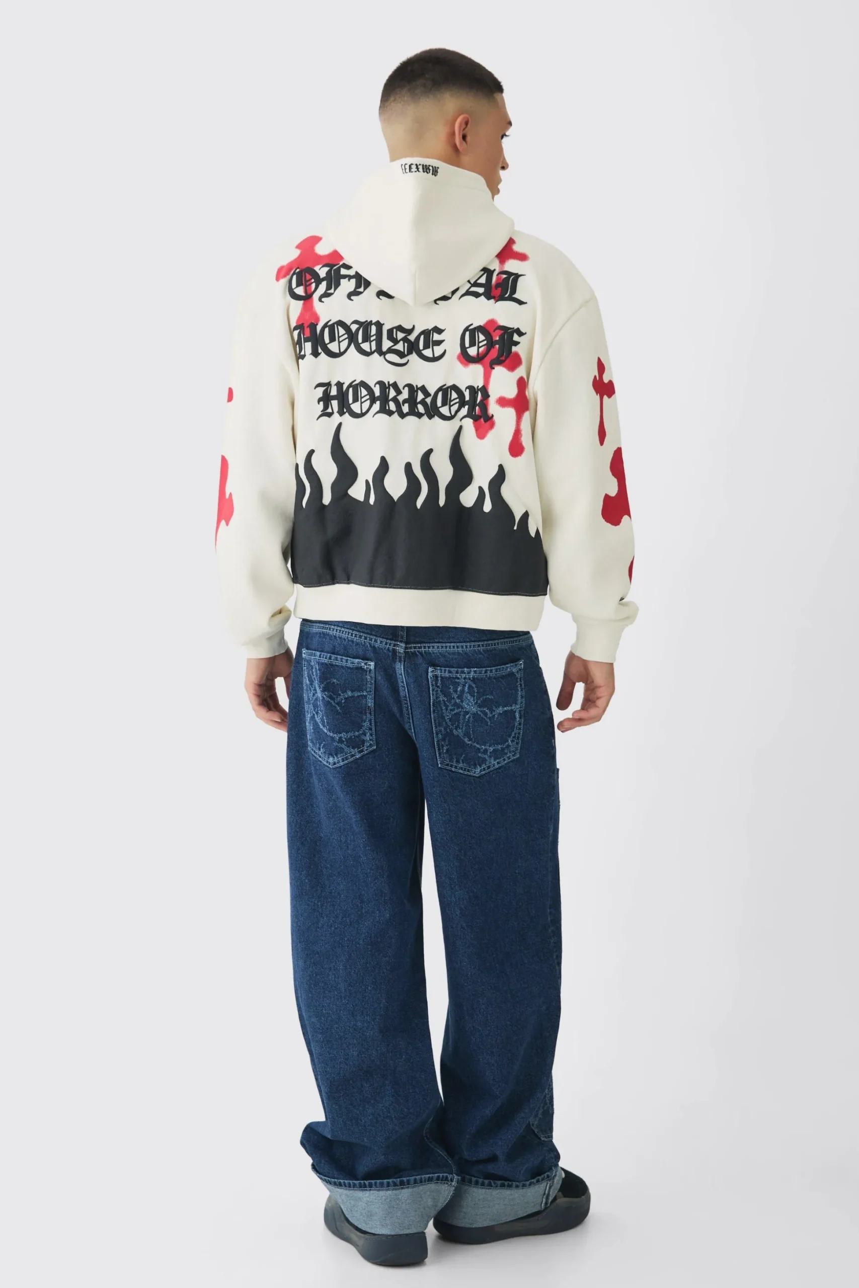 Oversized Boxy Skeleton Puff Print Cross Hoodie | BoohooMAN UK