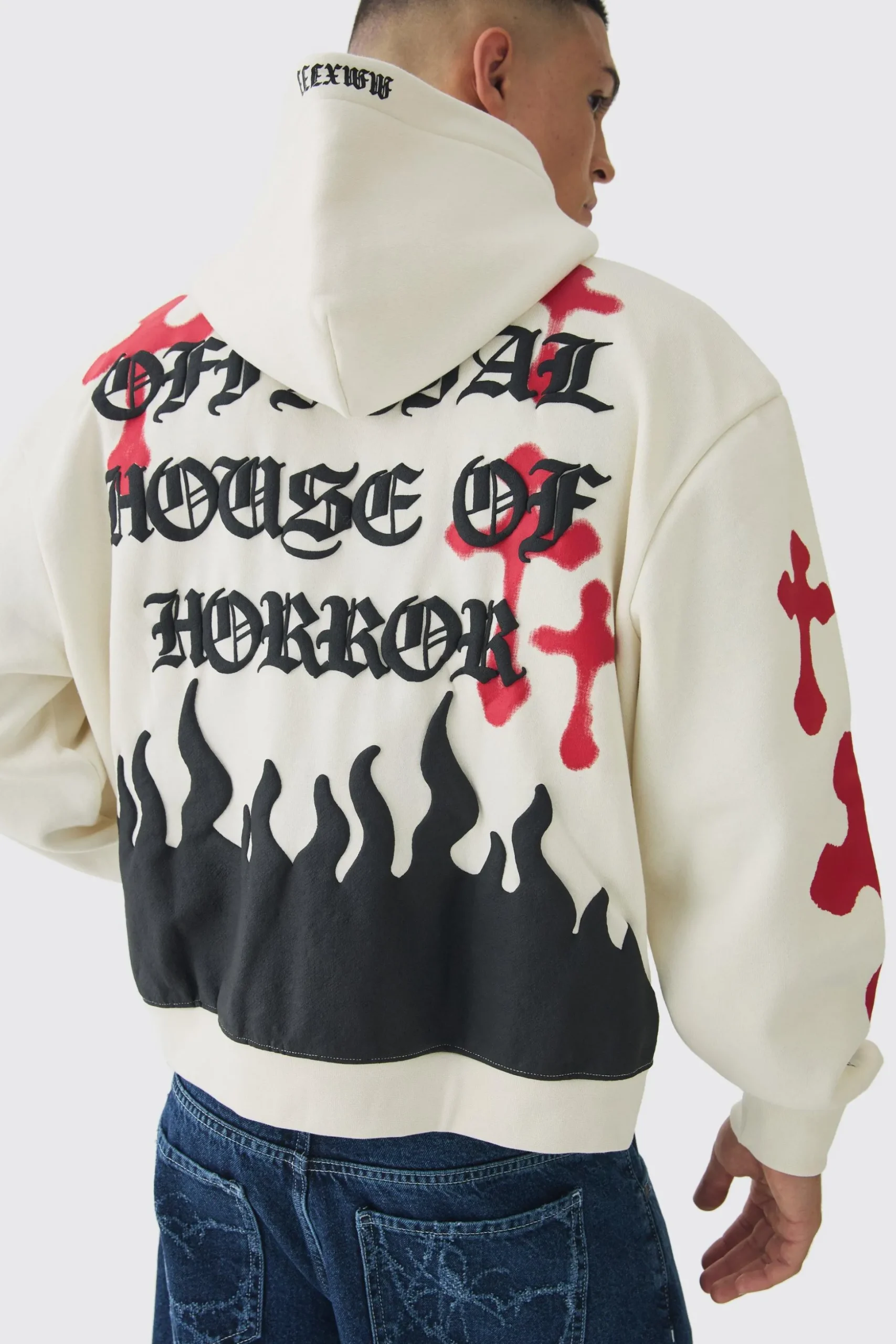 Oversized Boxy Skeleton Puff Print Cross Hoodie | BoohooMAN UK