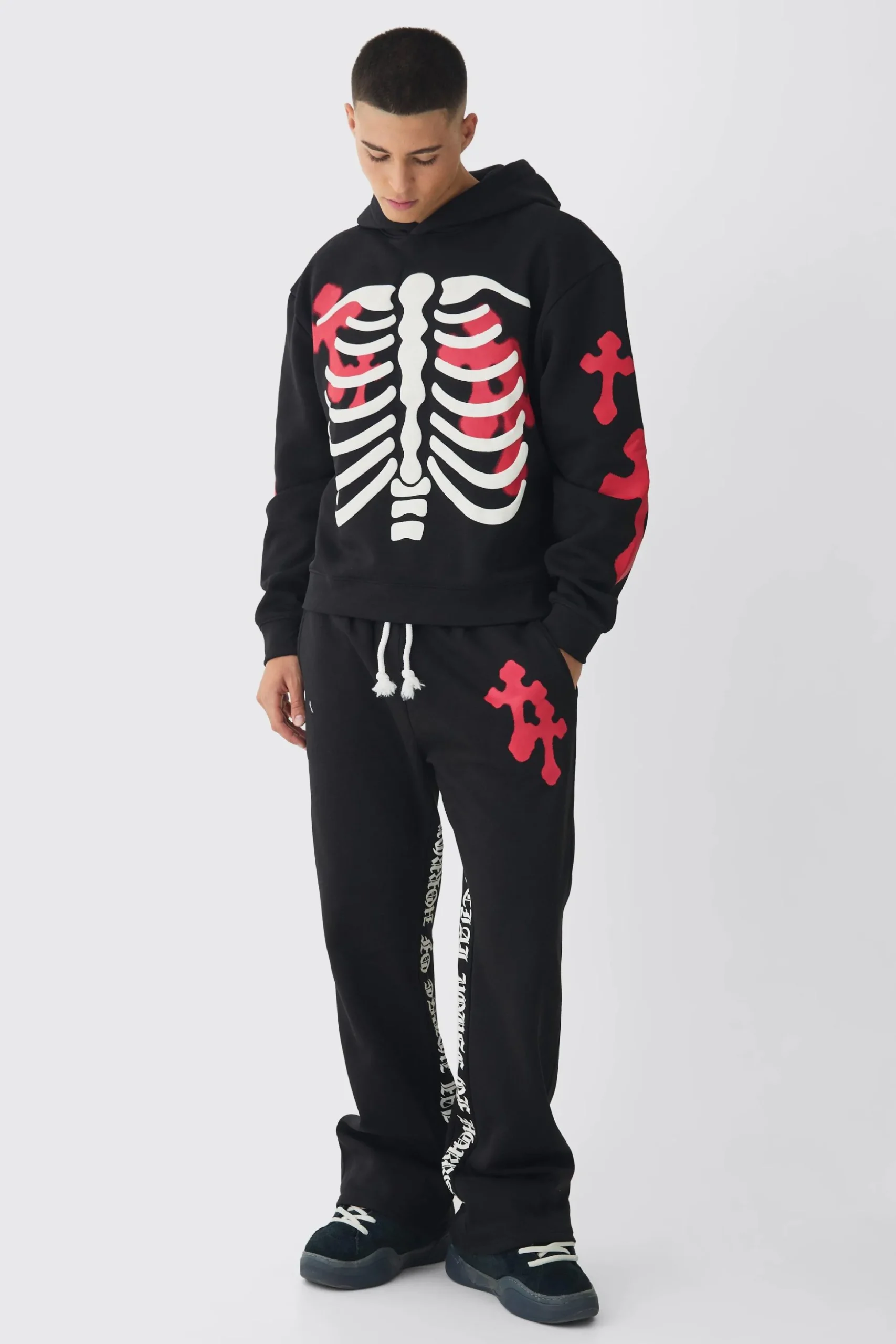 Oversized Boxy Skeleton Puff Print Cross Tracksuit | BoohooMAN UK