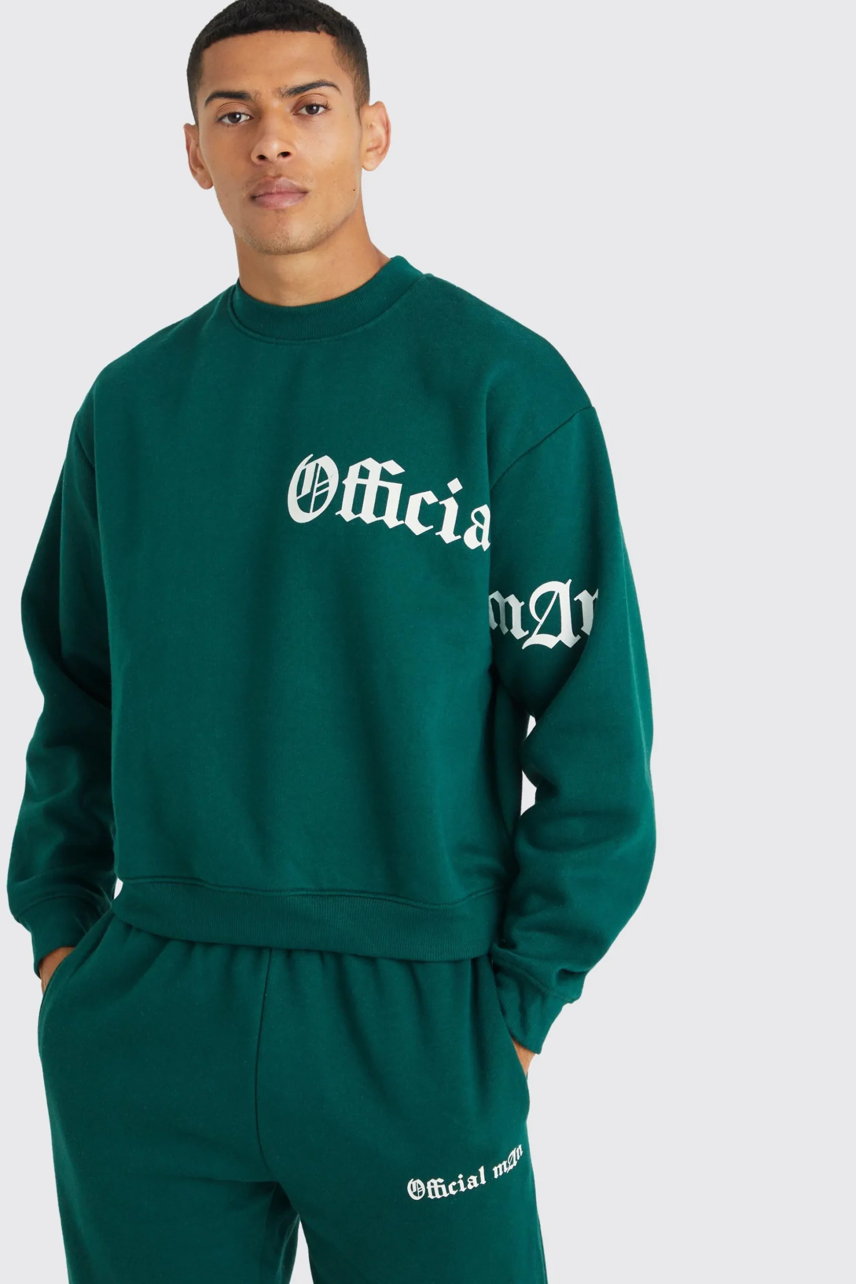 Oversized Boxy Slogan Sweatshirt Tracksuit | BoohooMAN UK