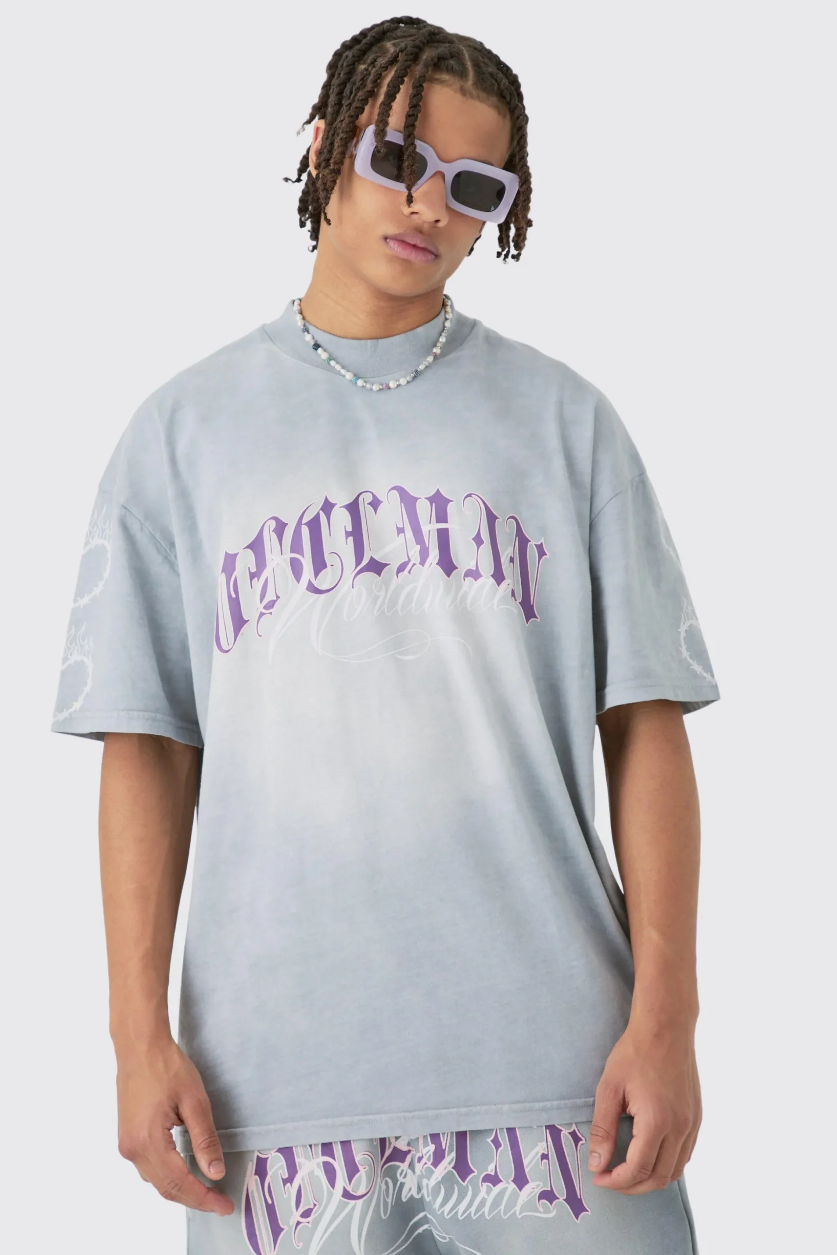 Oversized Boxy Spray Wash Multi Heart T-shirt & Short Set | BoohooMAN UK