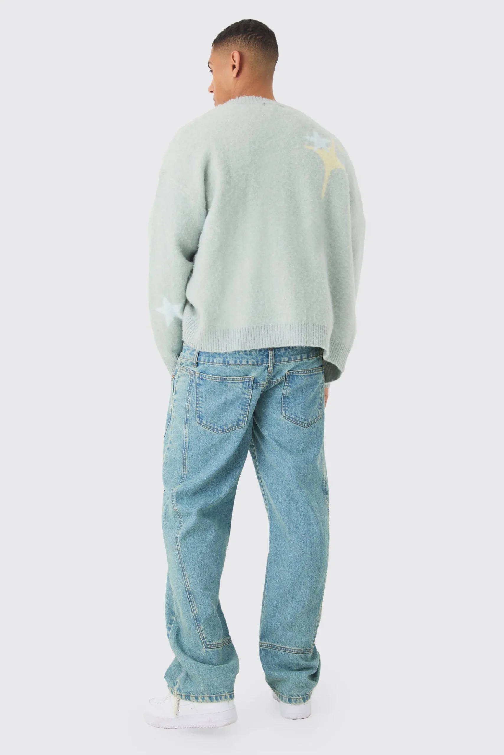 Oversized Boxy Star Brushed Knitted Cardigan | BoohooMAN UK