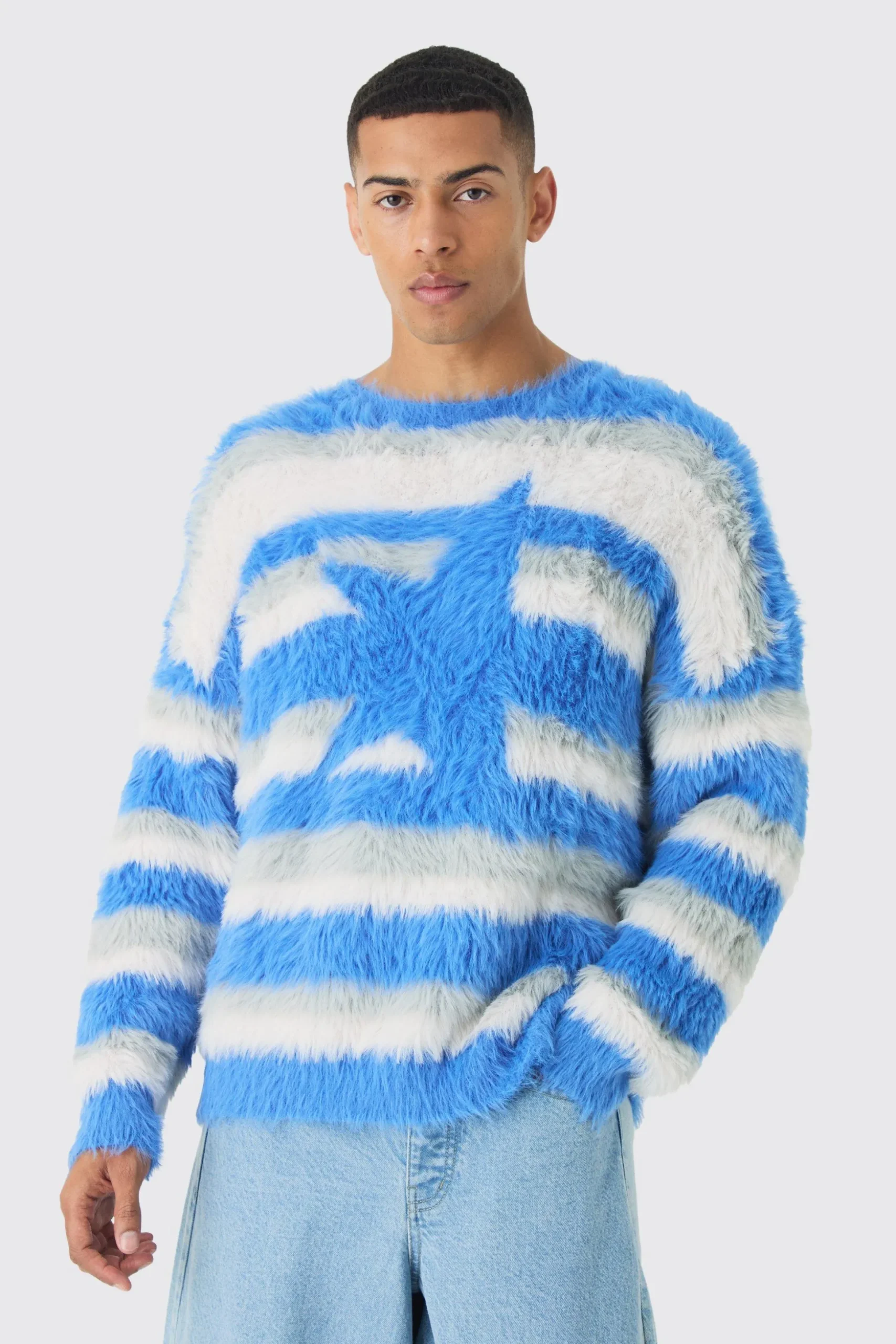 Oversized Boxy Super Fluffy Stripe Jumper | BoohooMAN UK