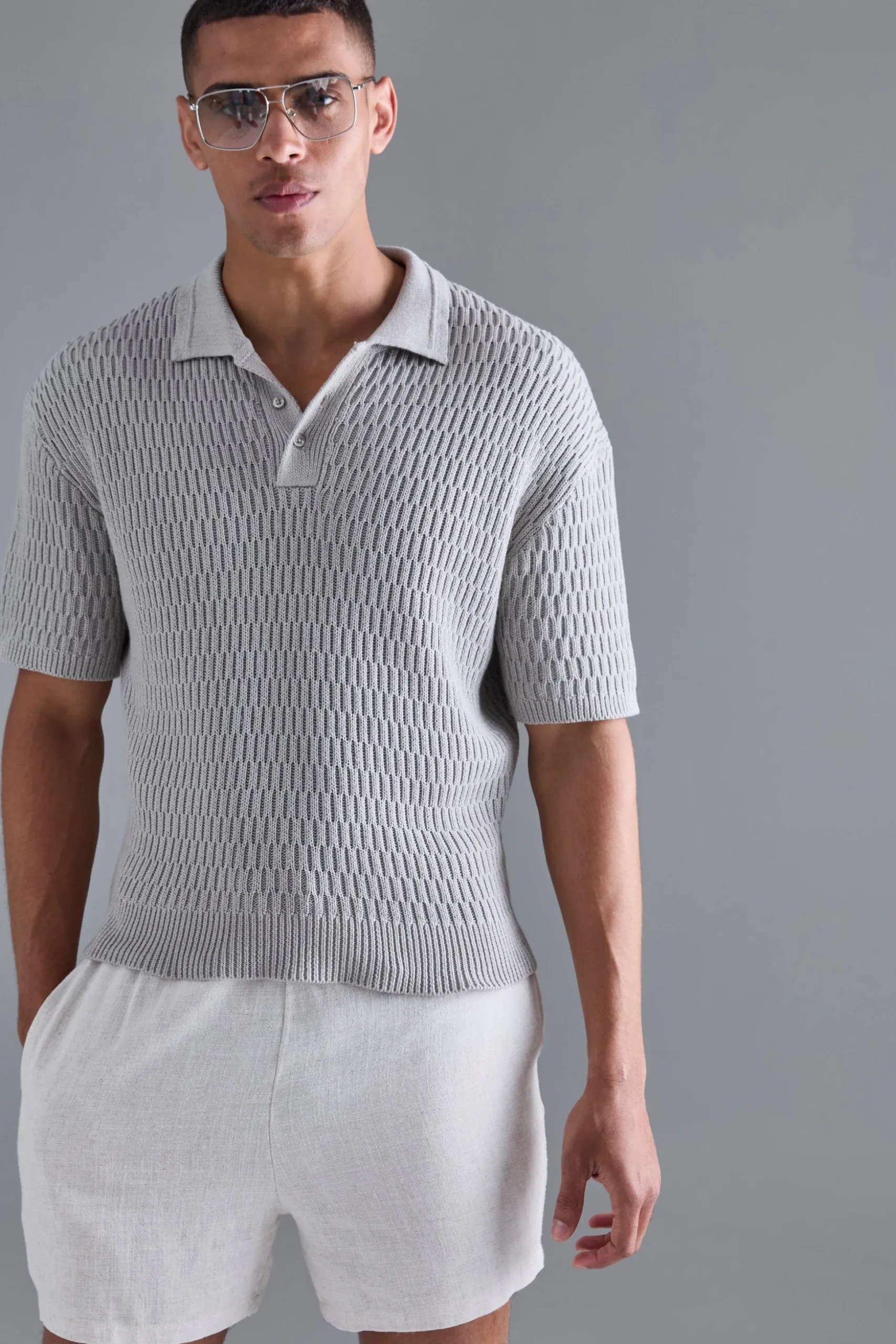 Oversized Boxy Textured Open Stitch Polo | BoohooMAN UK