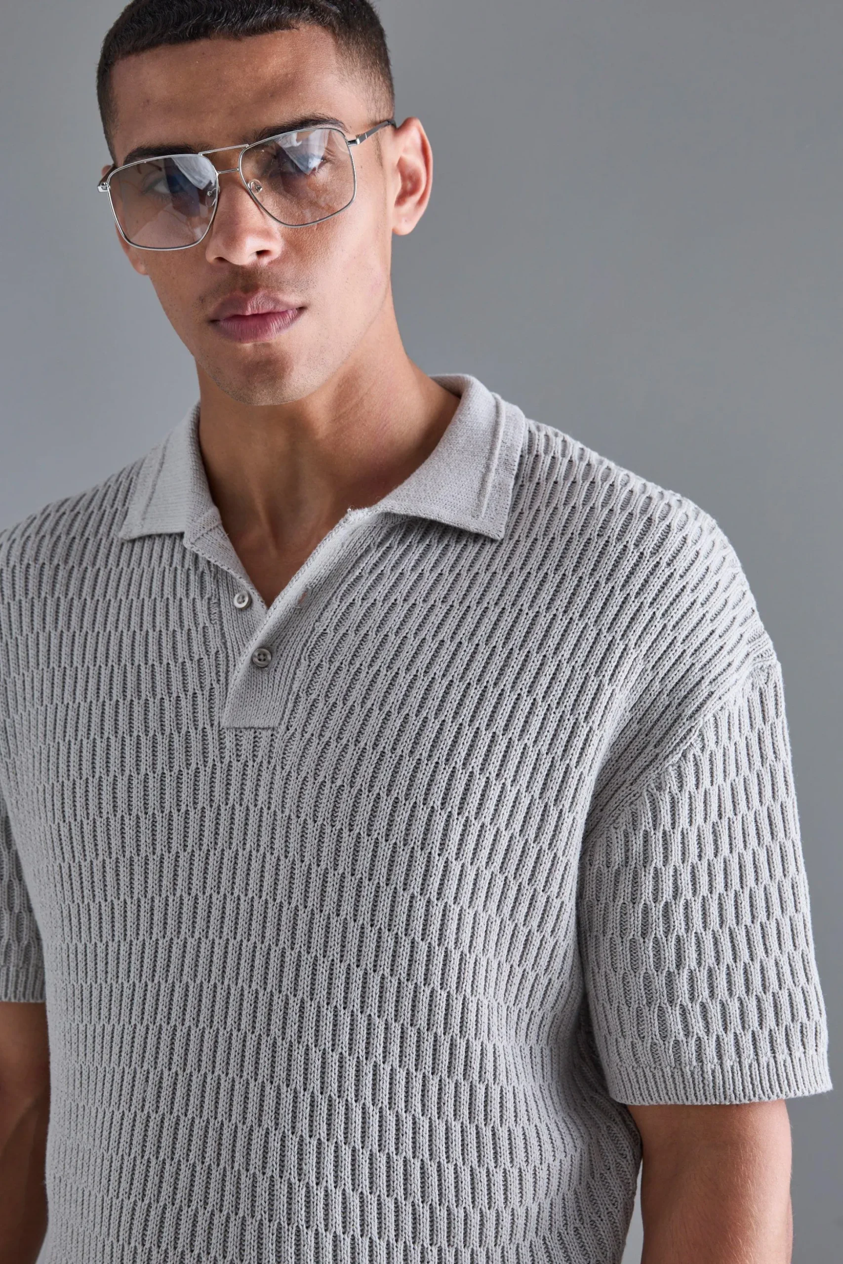 Oversized Boxy Textured Open Stitch Polo | BoohooMAN UK
