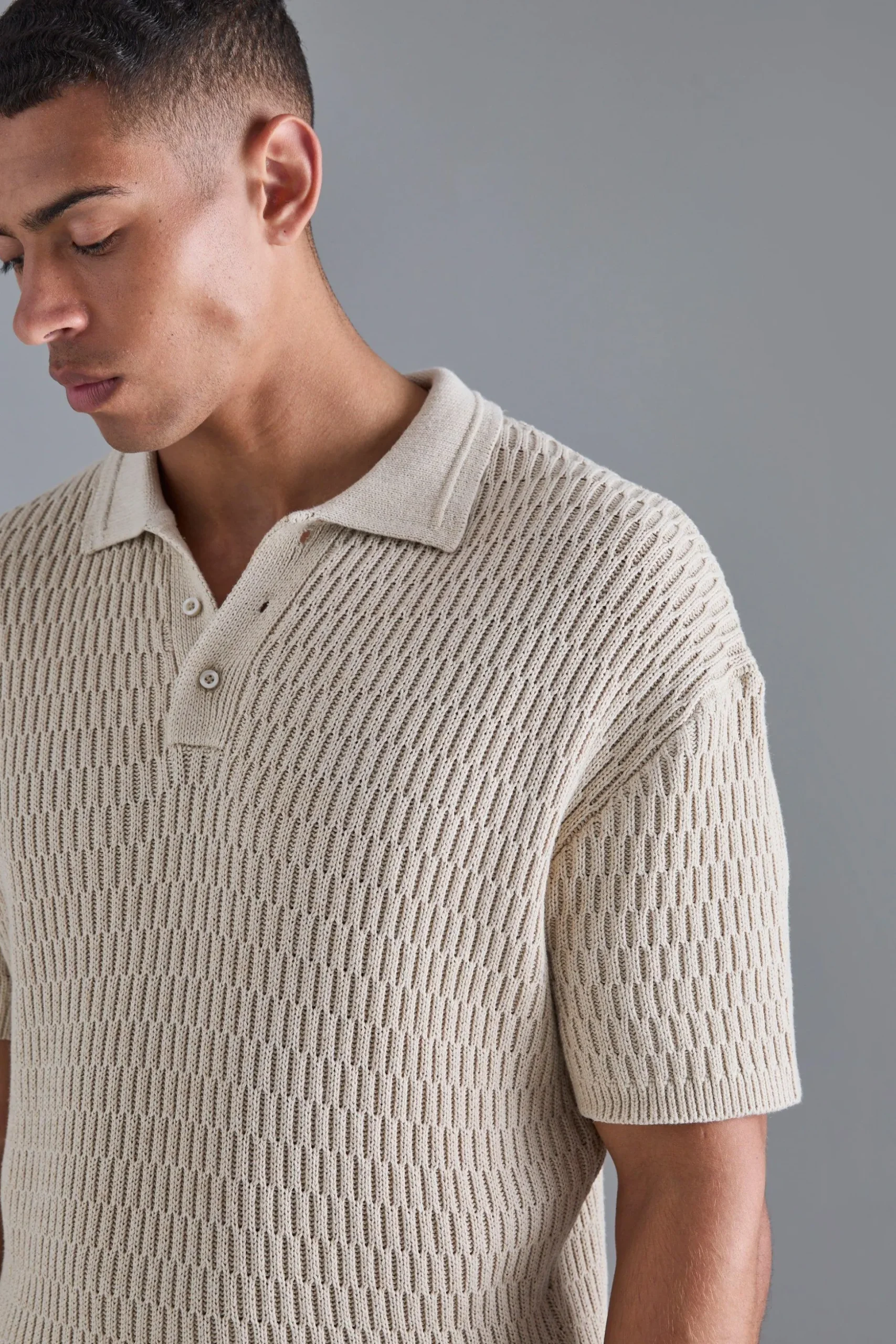 Oversized Boxy Textured Open Stitch Polo | BoohooMAN UK