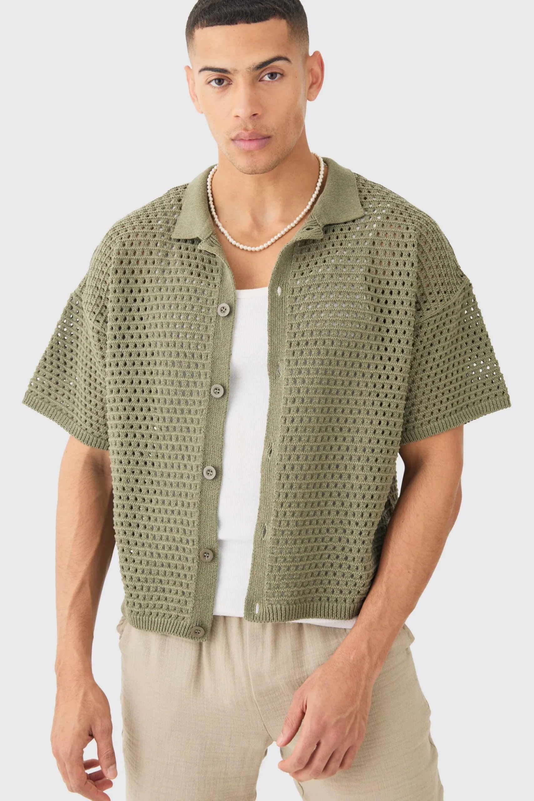 Oversized Boxy Textured Open Stitch Knit Shirt In Khaki | BoohooMAN UK