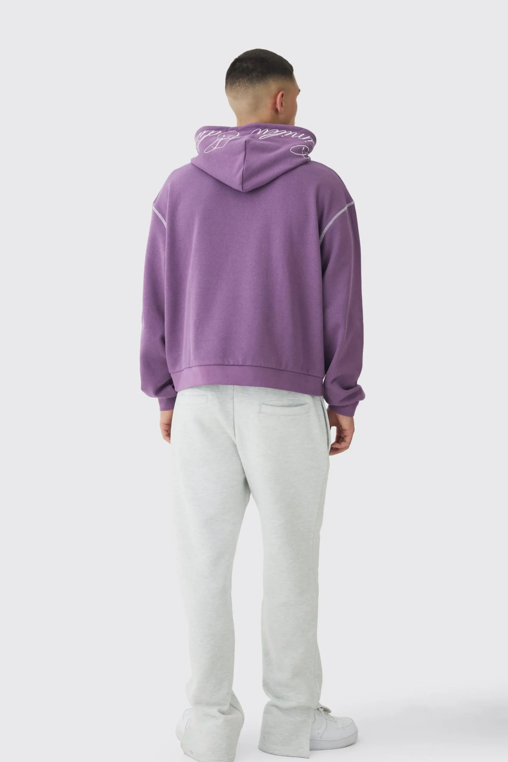 Oversized Boxy Twill Applique Contrast Stitch Hoodie | BoohooMAN UK