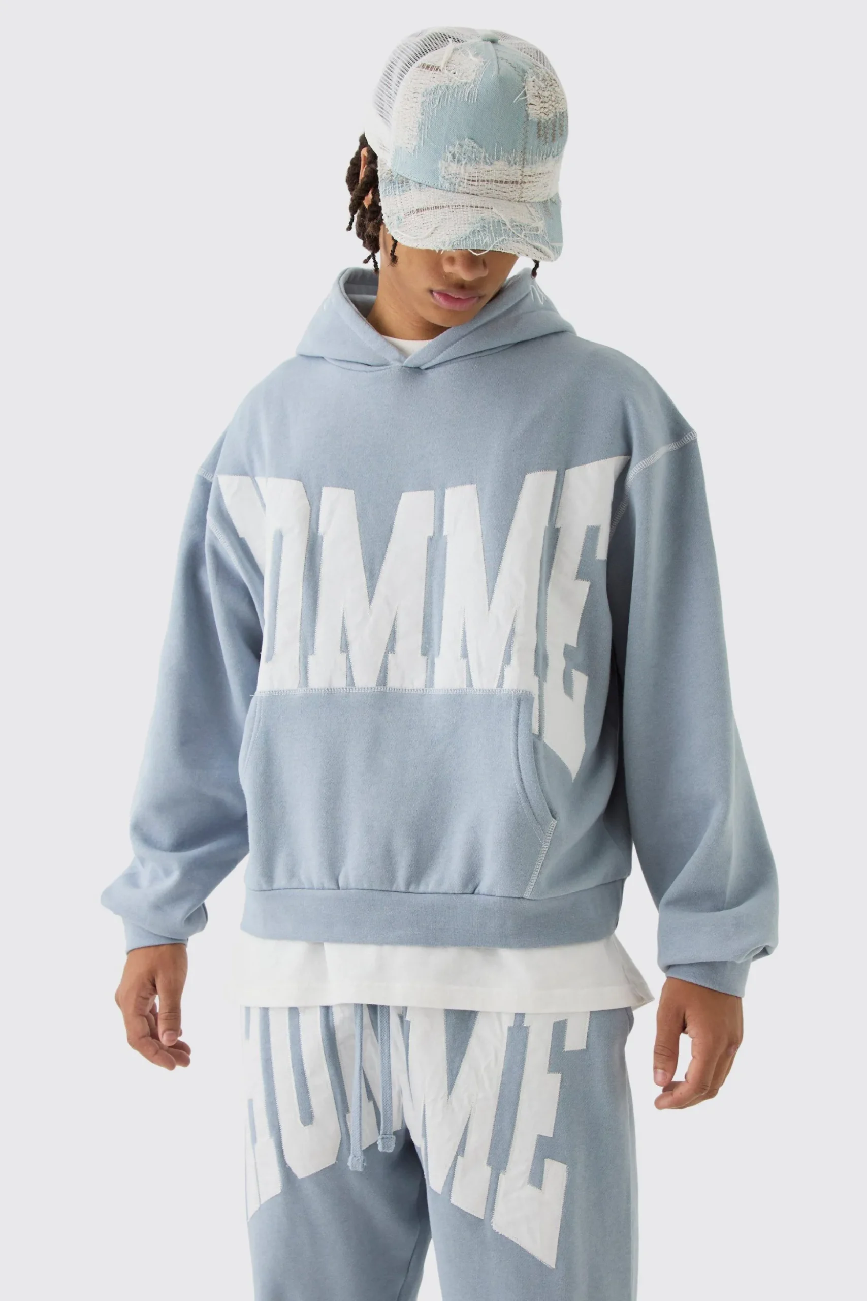 Oversized Boxy Twill Applique Contrast Stitch Hooded Tracksuit | BoohooMAN UK