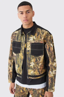 Oversized Boxy Twill Camo Harrington | BoohooMAN UK