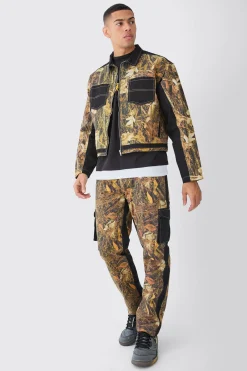 Oversized Boxy Twill Camo Harrington | BoohooMAN UK