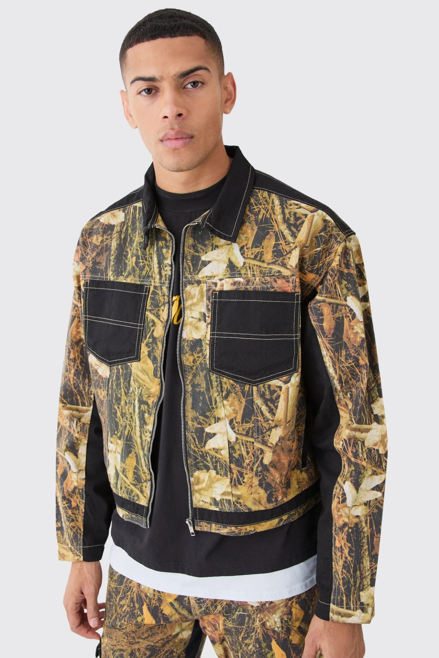 Oversized Boxy Twill Camo Harrington Set | BoohooMAN UK