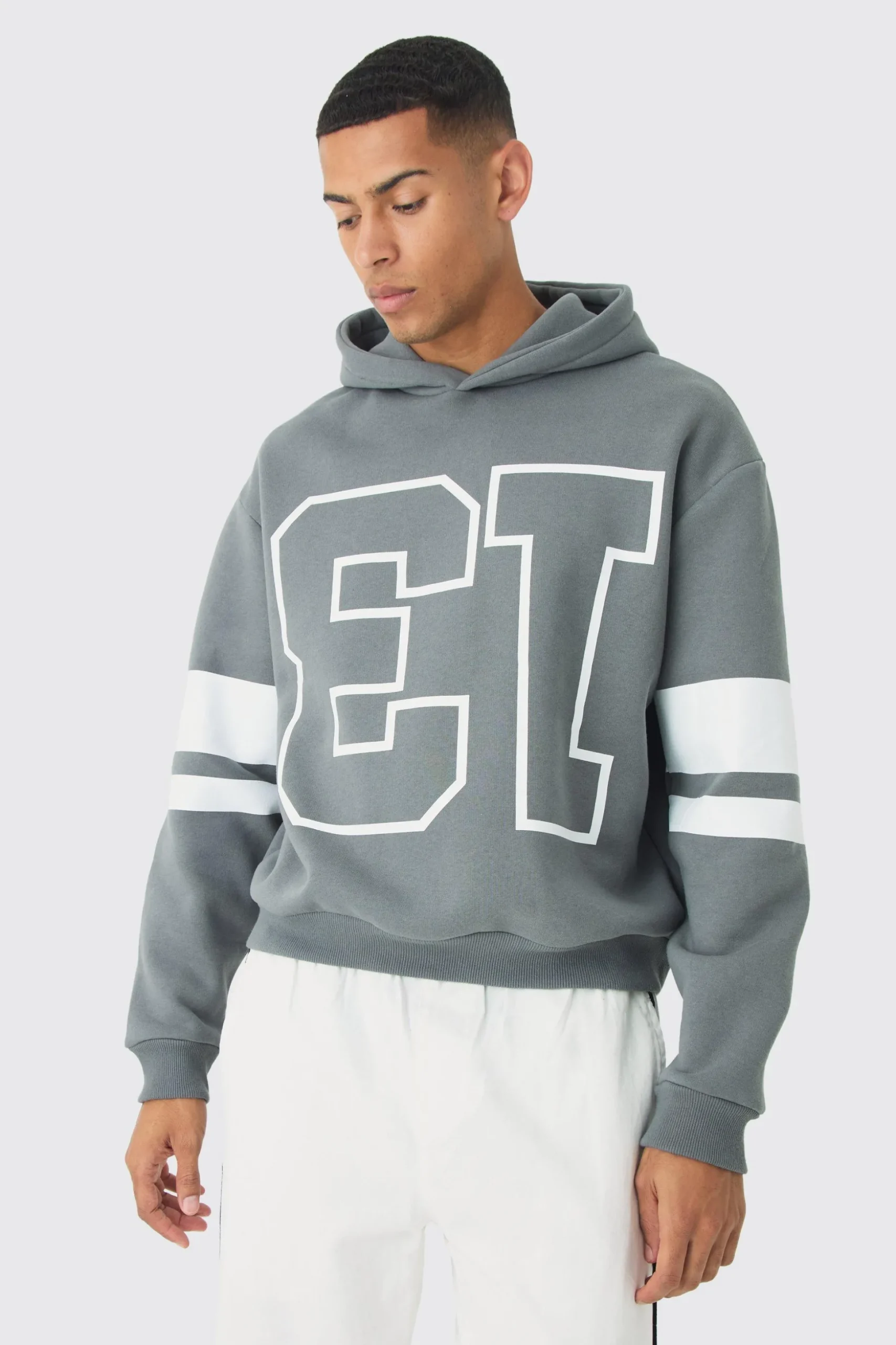Oversized Boxy Varsity Stripe Hoodie | BoohooMAN UK