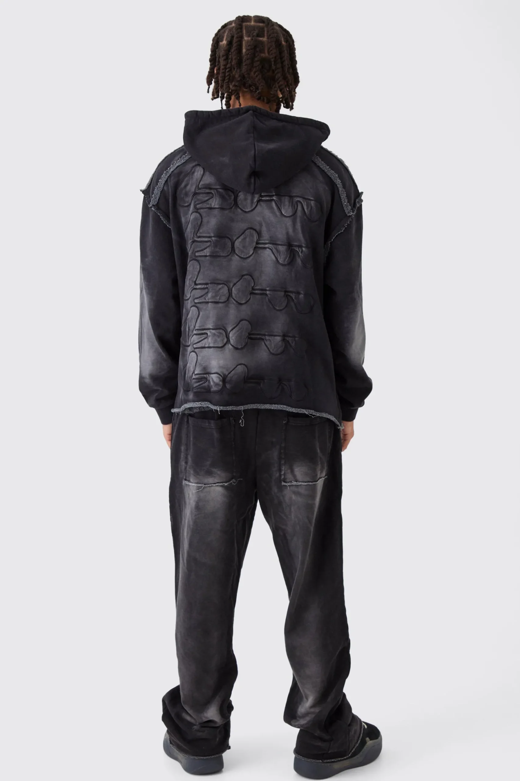Oversized Boxy Washed Applique Hooded Tracksuit | BoohooMAN UK