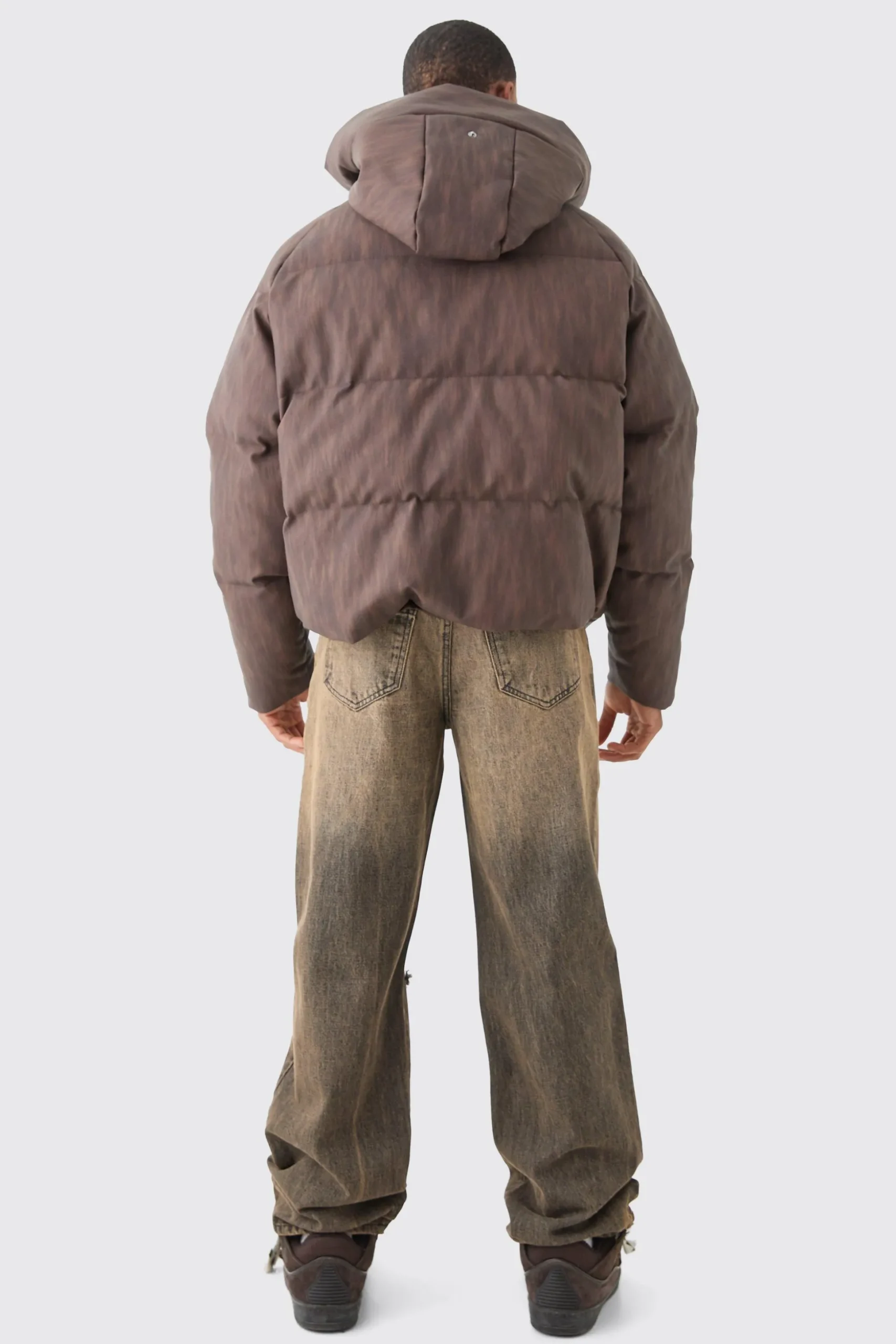 Oversized Boxy Washed Pu Hooded Puffer Coat In Brown | BoohooMAN UK