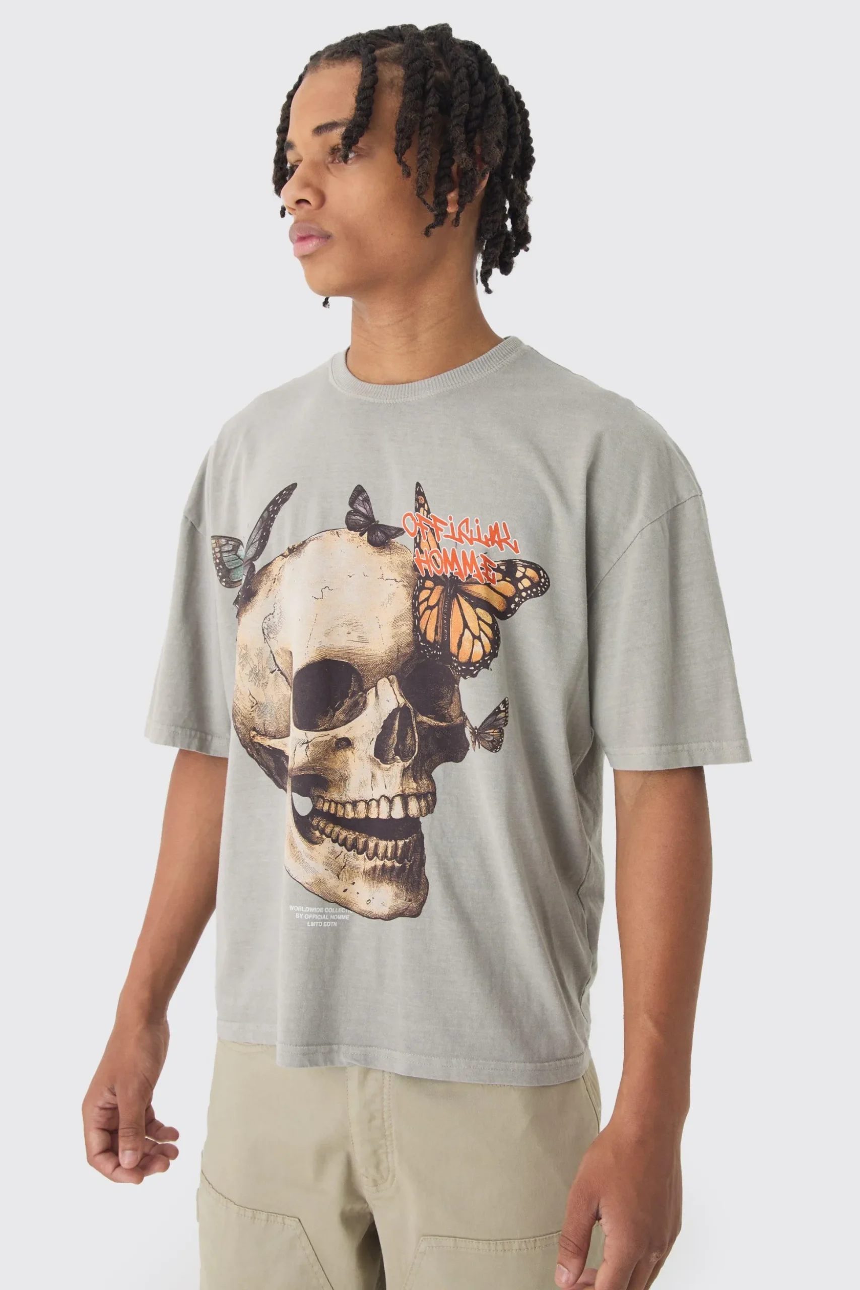 Oversized Boxy Washed Skull Butterfly Print T-Shirt | BoohooMAN UK