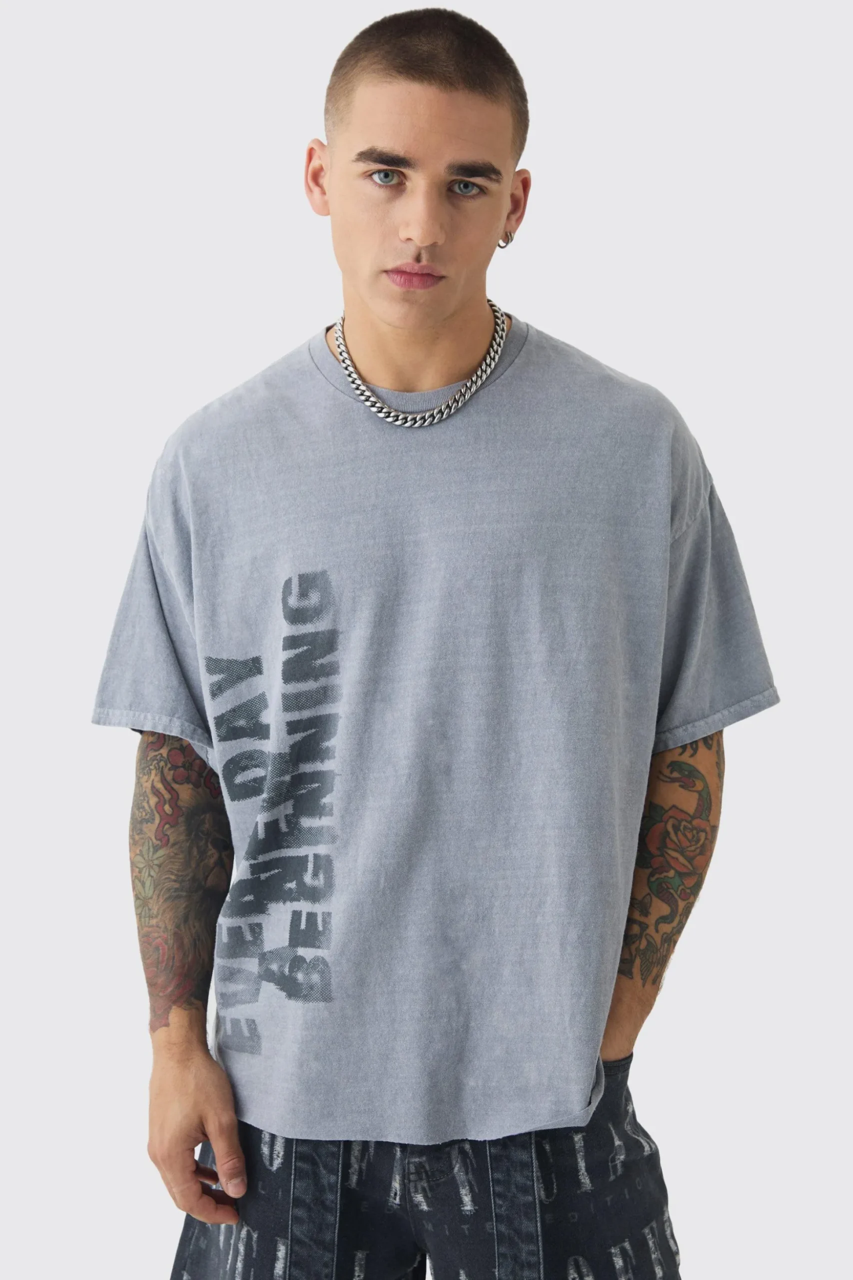Oversized Boxy Washed Slogan T-shirt | BoohooMAN UK