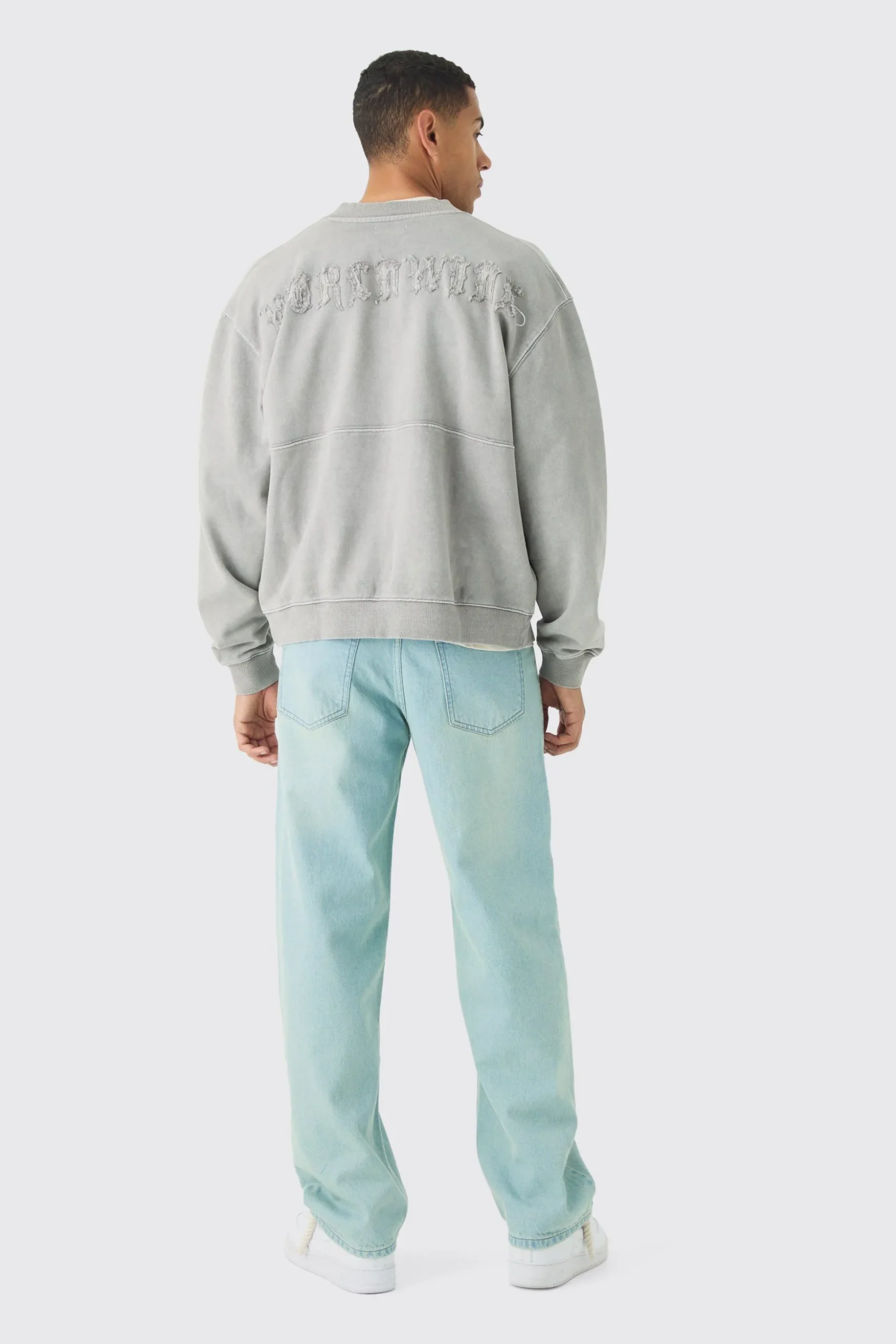Oversized Boxy Zip Through Distressed Applique Bomber | BoohooMAN UK