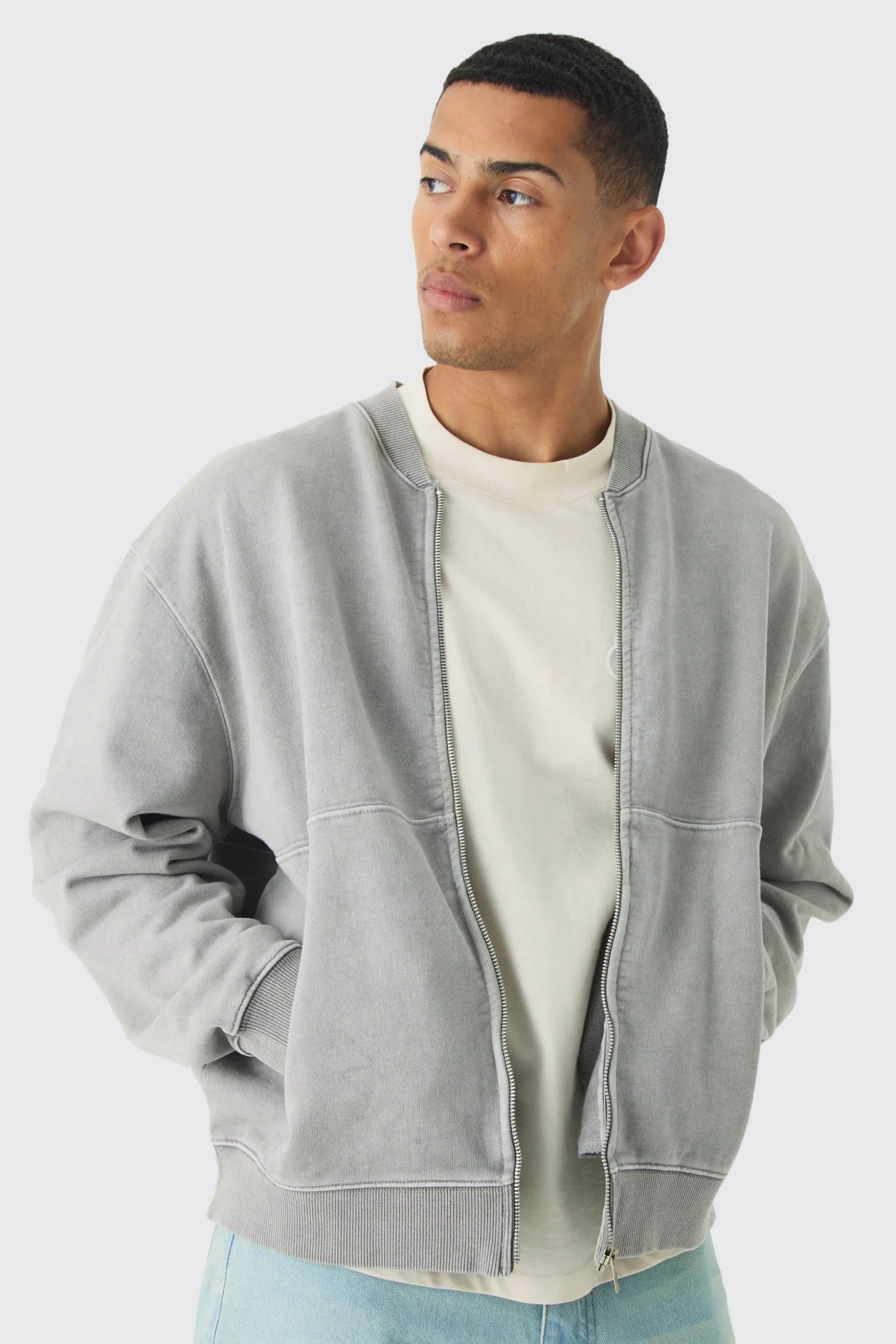 Oversized Boxy Zip Through Distressed Applique Bomber | BoohooMAN UK