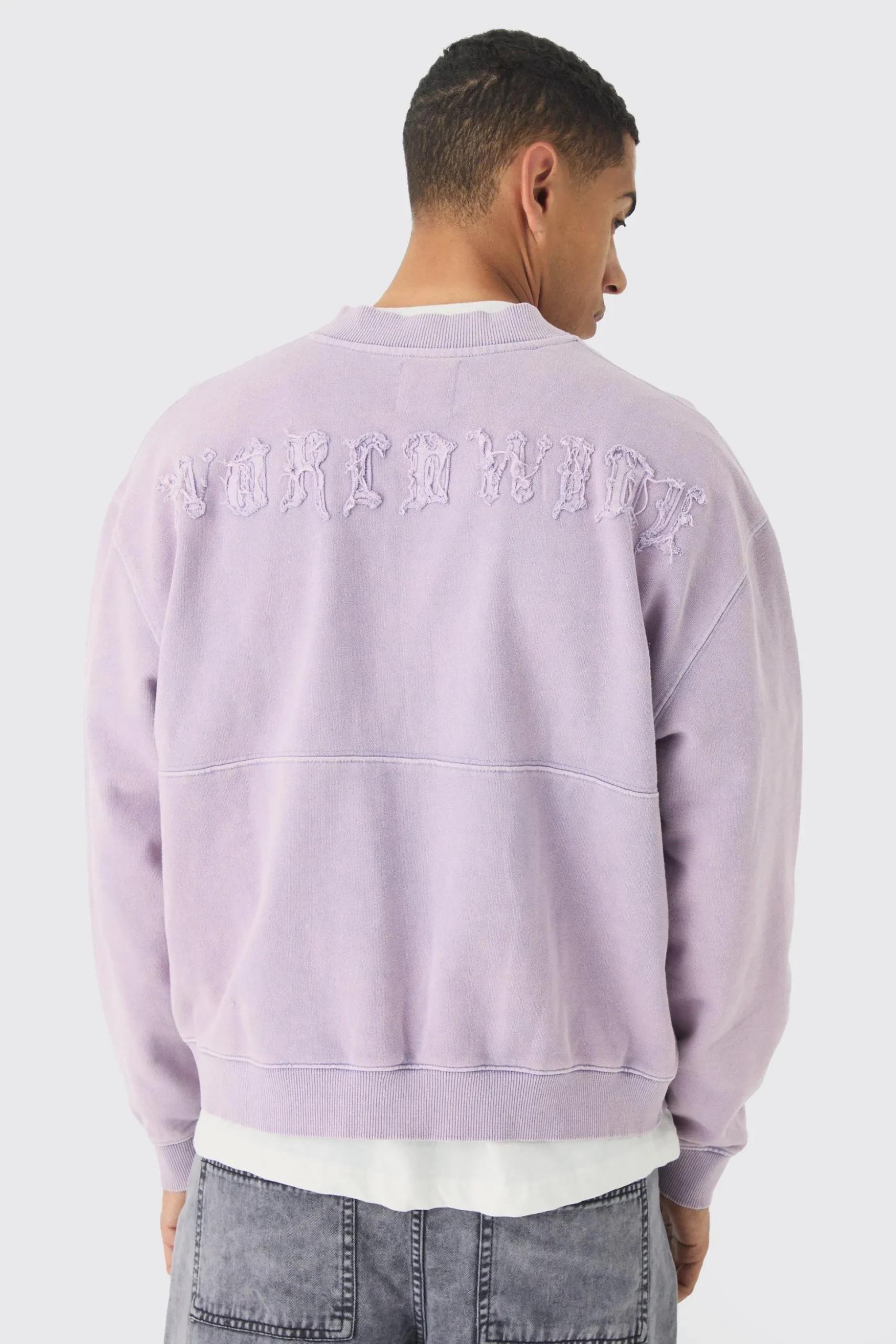 Oversized Boxy Zip Through Distressed Applique Bomber | BoohooMAN UK