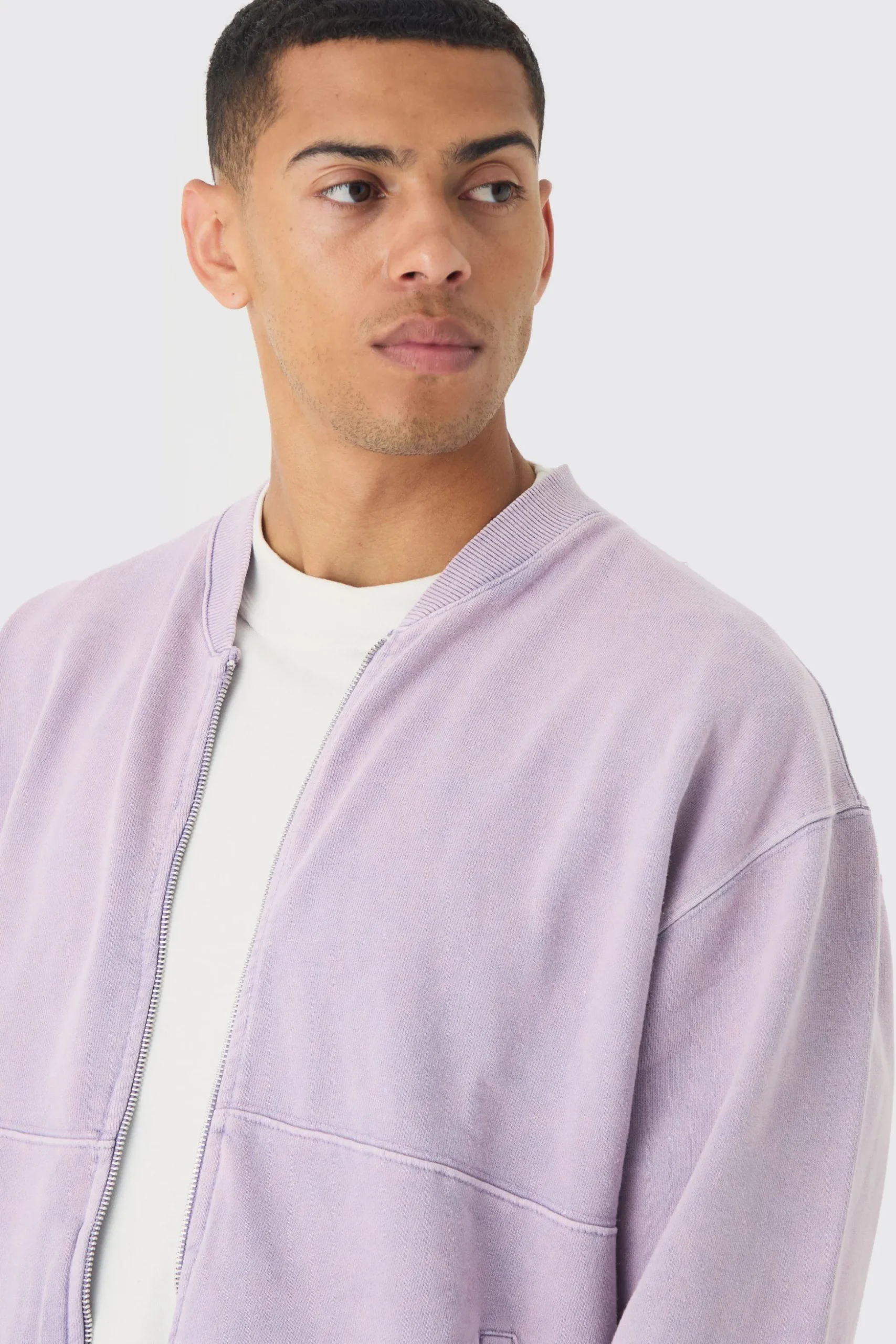 Oversized Boxy Zip Through Distressed Applique Bomber | BoohooMAN UK
