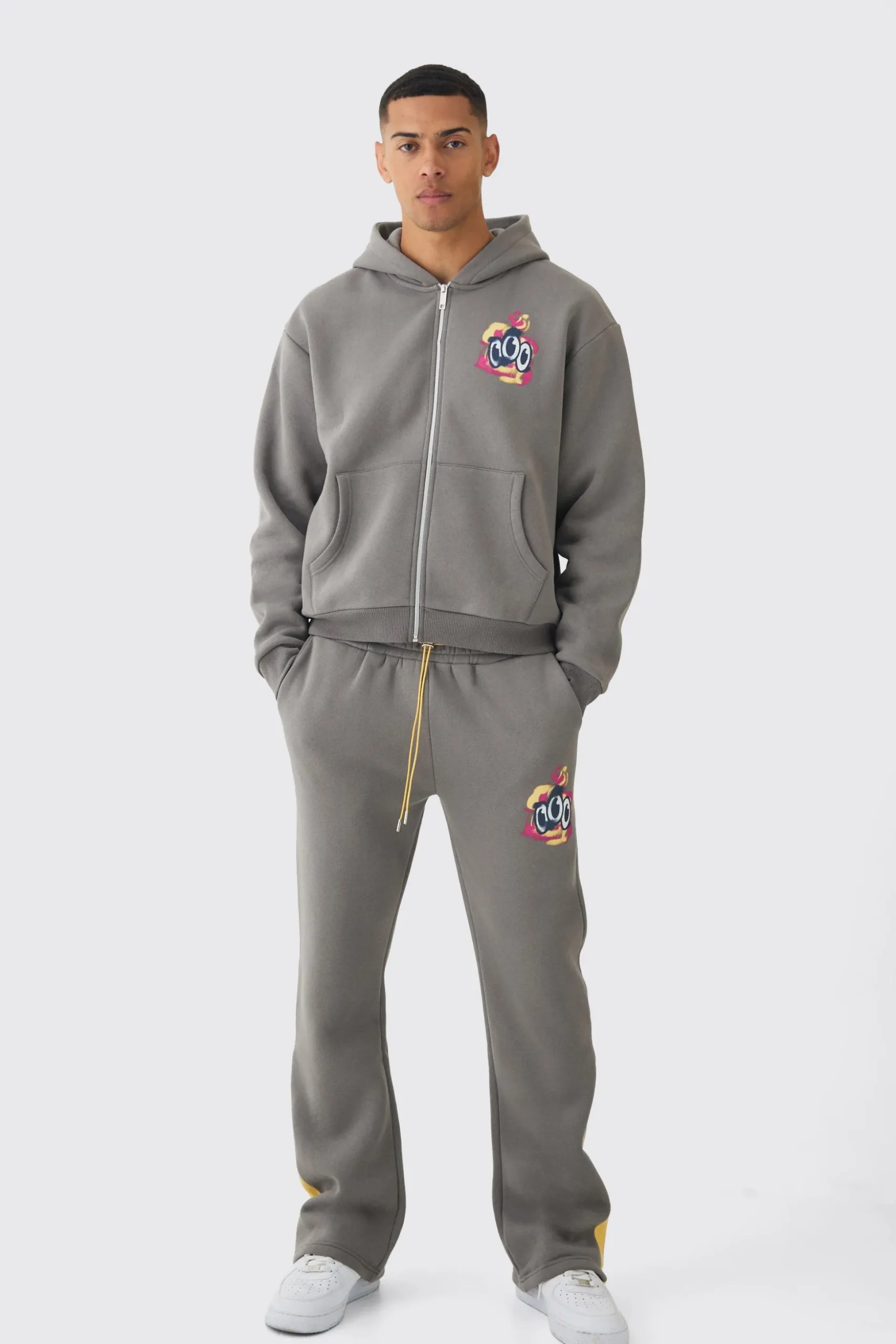 Oversized Boxy Zip Through Smiley Graphic Hooded Tracksuit | BoohooMAN UK