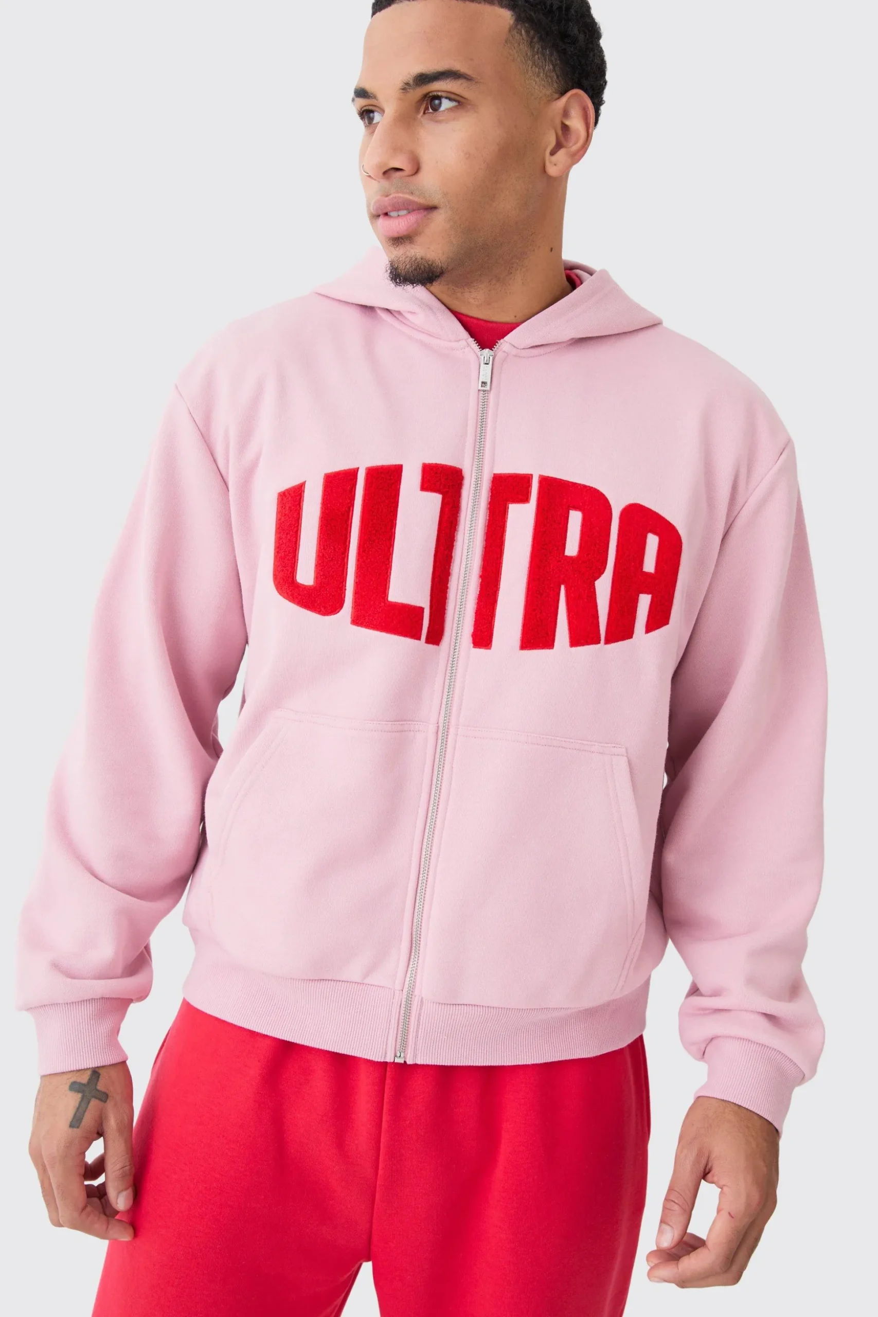 Oversized Boxy Zip Thru Borg Applique Hoodie | BoohooMAN UK