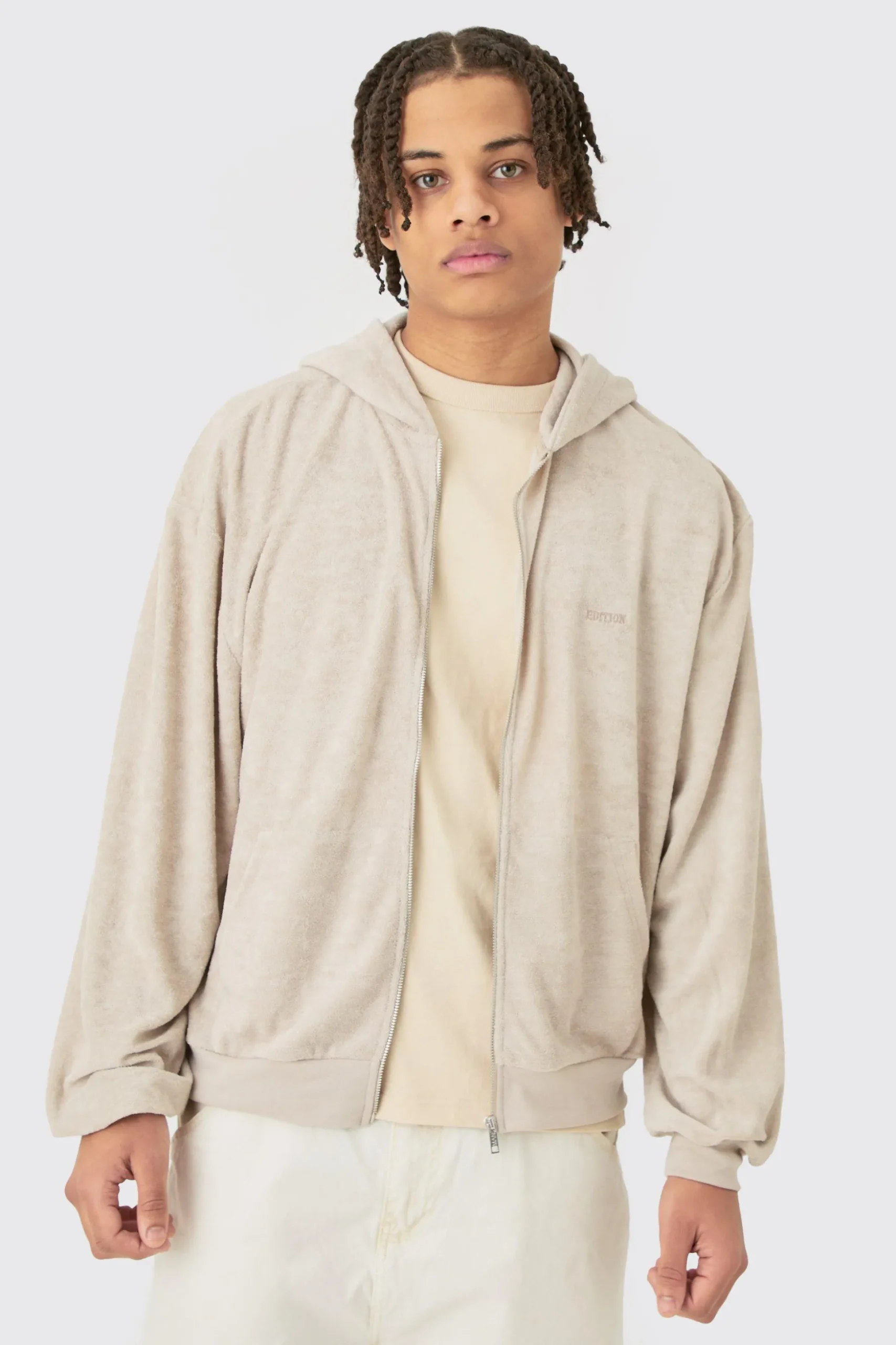 Oversized Boxy Zip Towelling Edition Hoodie | BoohooMAN UK