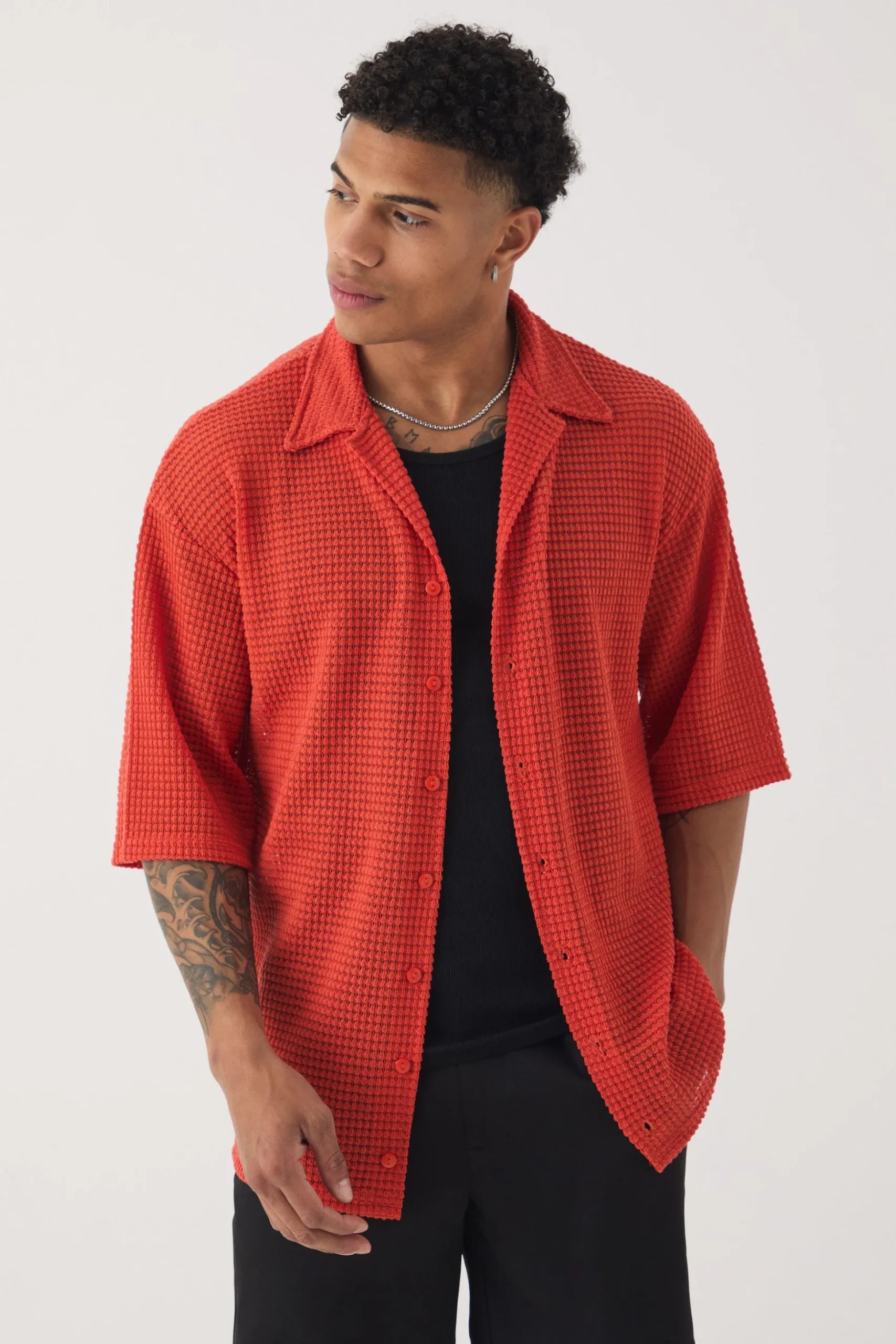 Oversized Button Through Textured Shirt | BoohooMAN UK