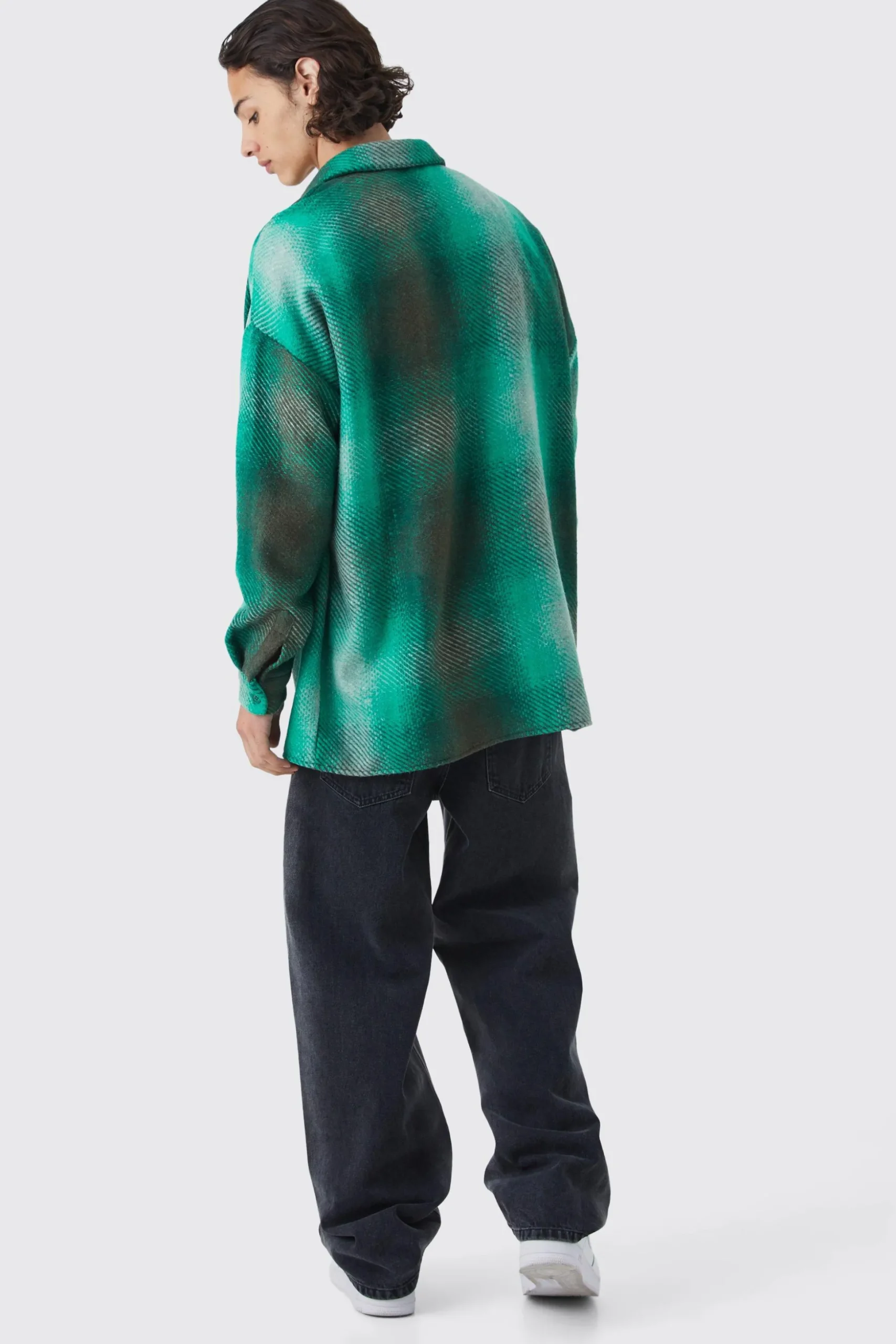 Oversized Button Up Ombre Check Overshirt | BoohooMAN UK