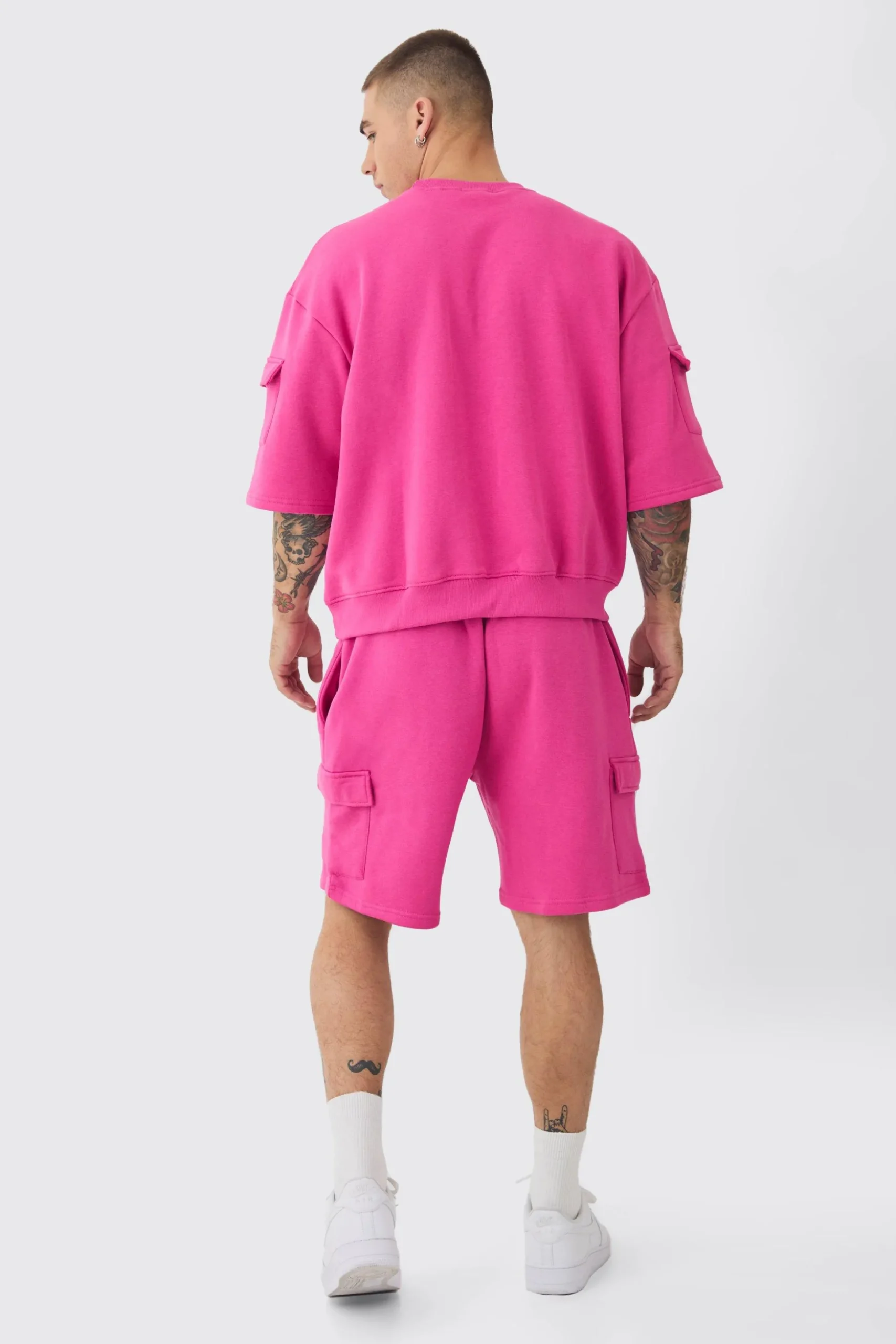 Oversized Cargo Pocket Half Sleeve Sweatshirt And Short Set | BoohooMAN UK