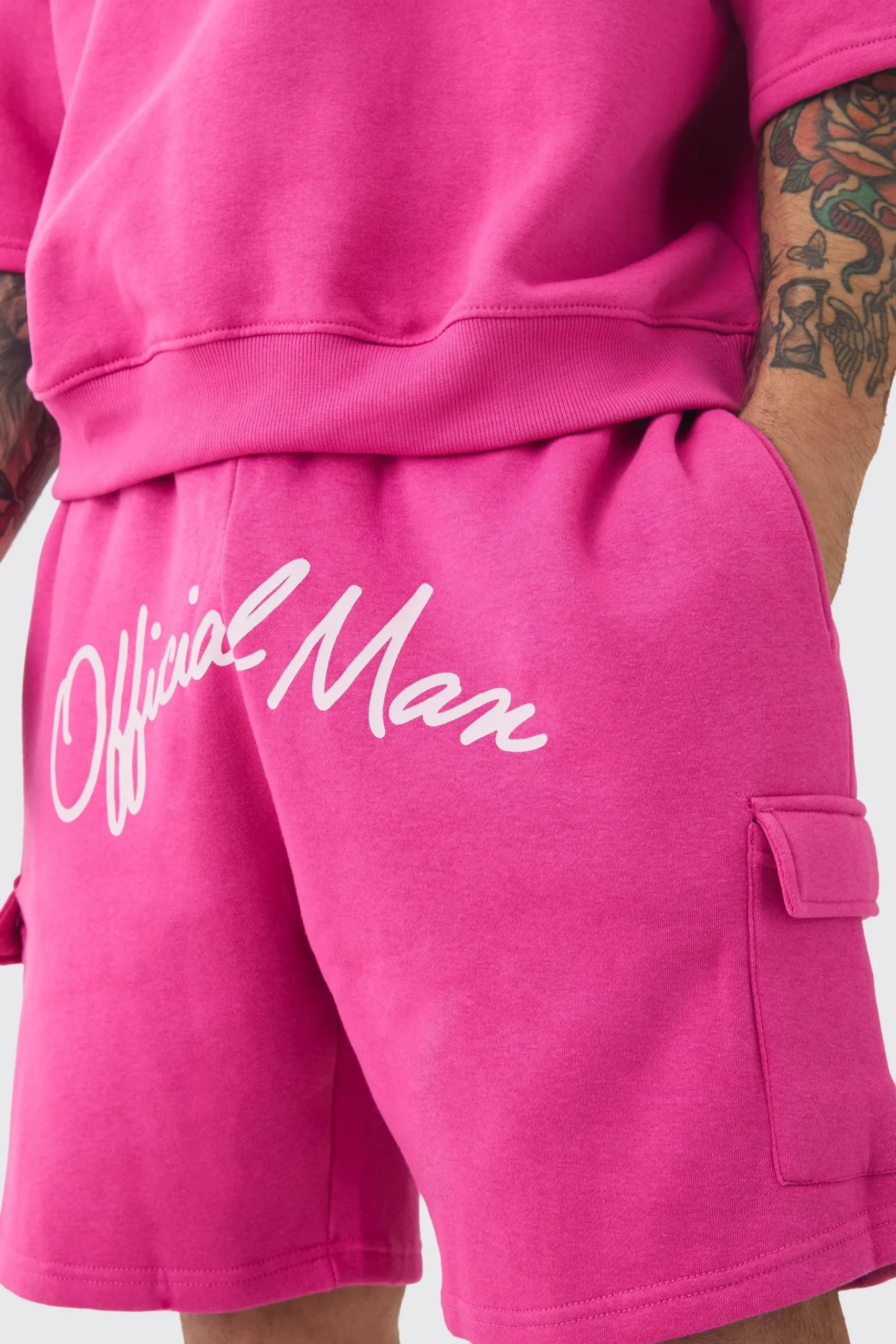 Oversized Cargo Pocket Half Sleeve Sweatshirt And Short Set | BoohooMAN UK