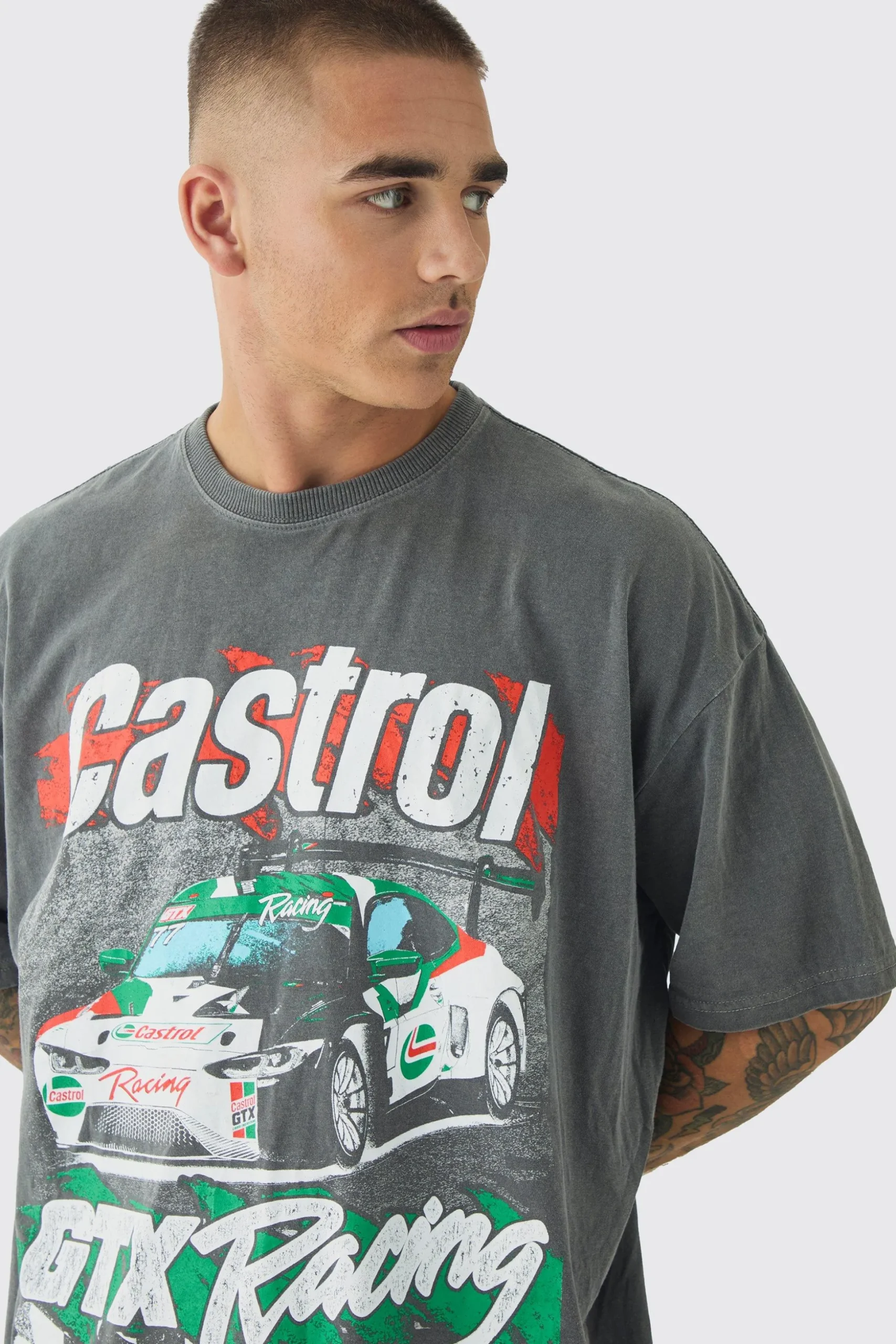 Oversized Castrol GTX Wash License Print T-Shirt | BoohooMAN UK