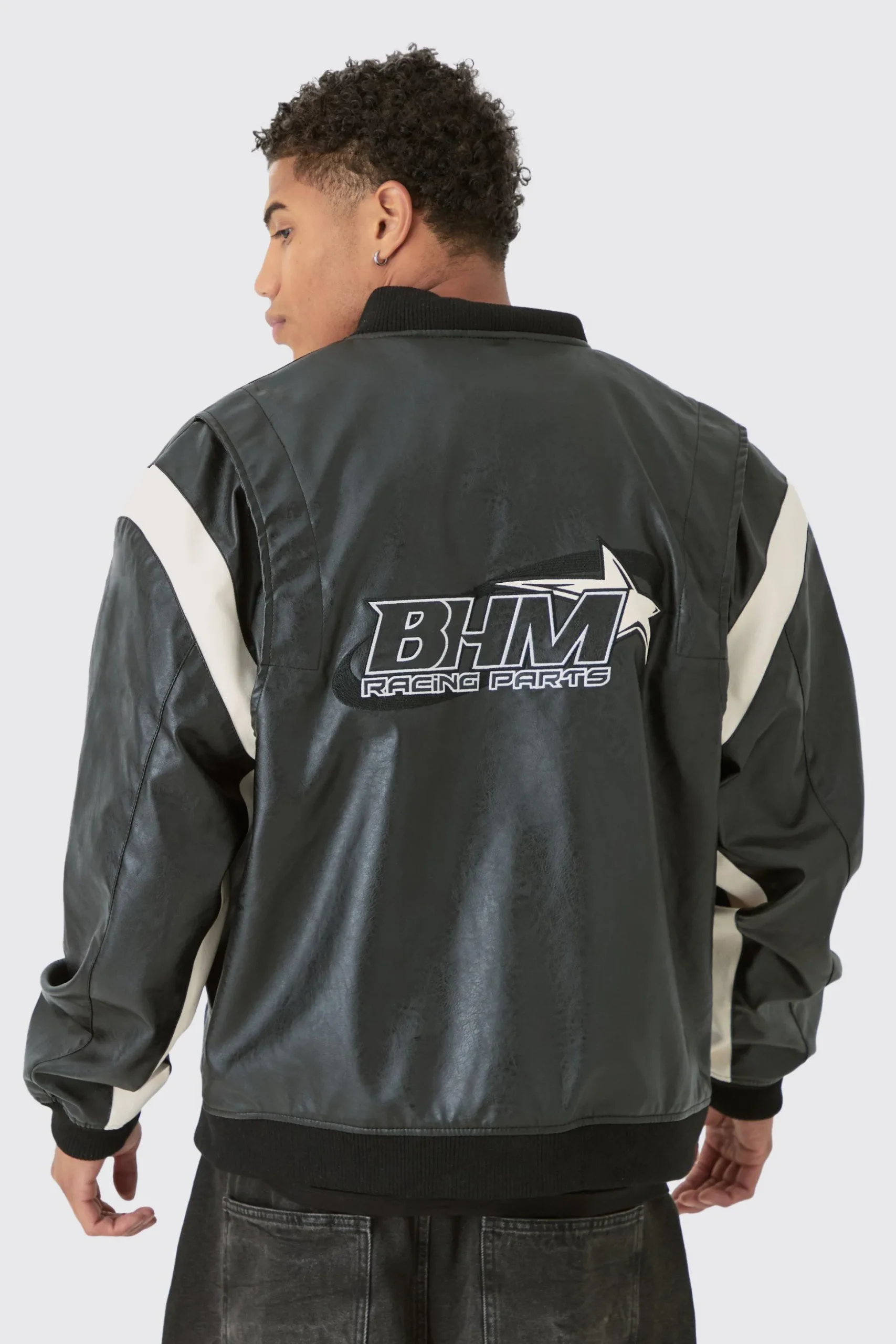 Oversized Colour Block Detail Moto Badge Bomber Jacket In Black | BoohooMAN UK