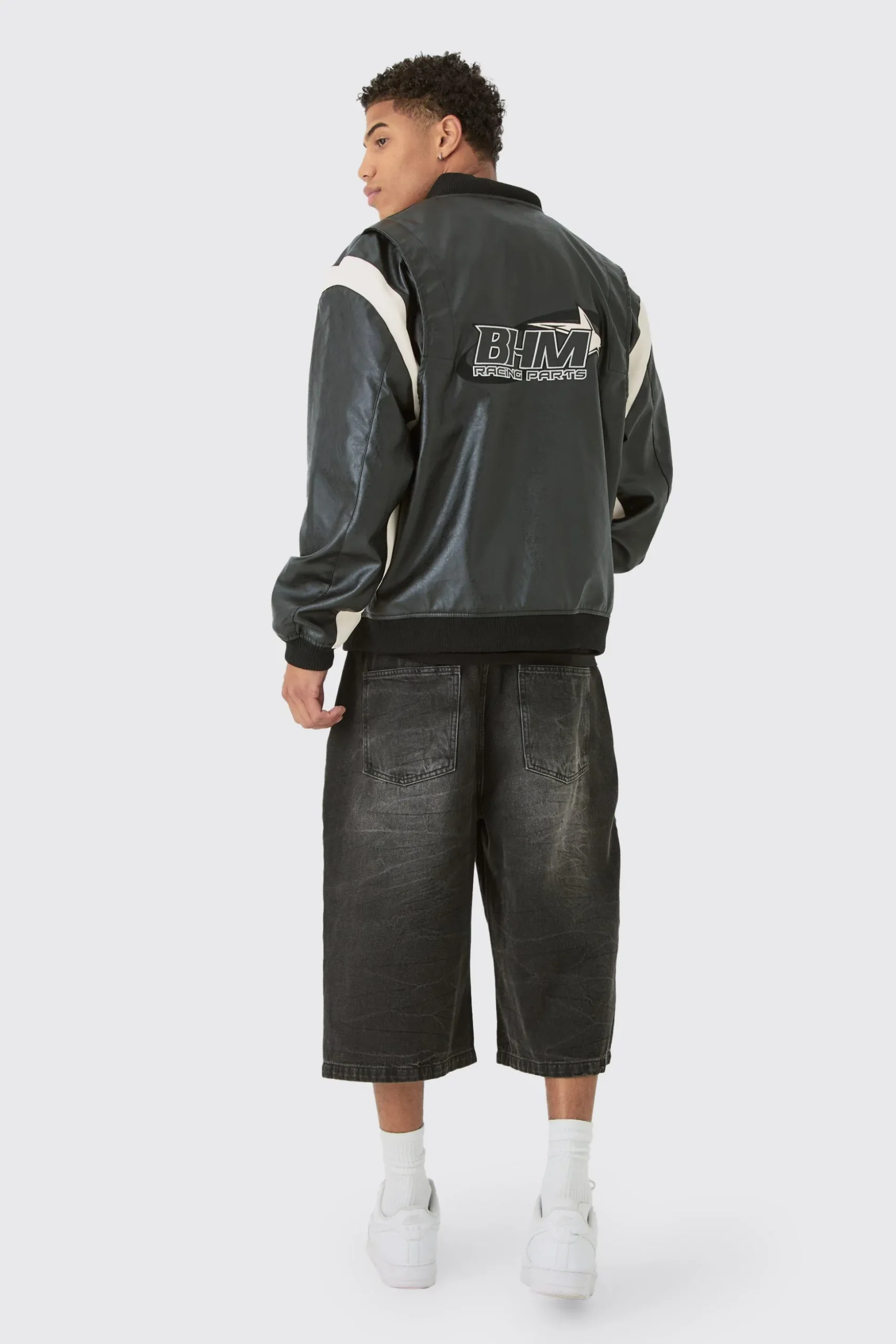 Oversized Colour Block Detail Moto Badge Bomber Jacket In Black | BoohooMAN UK