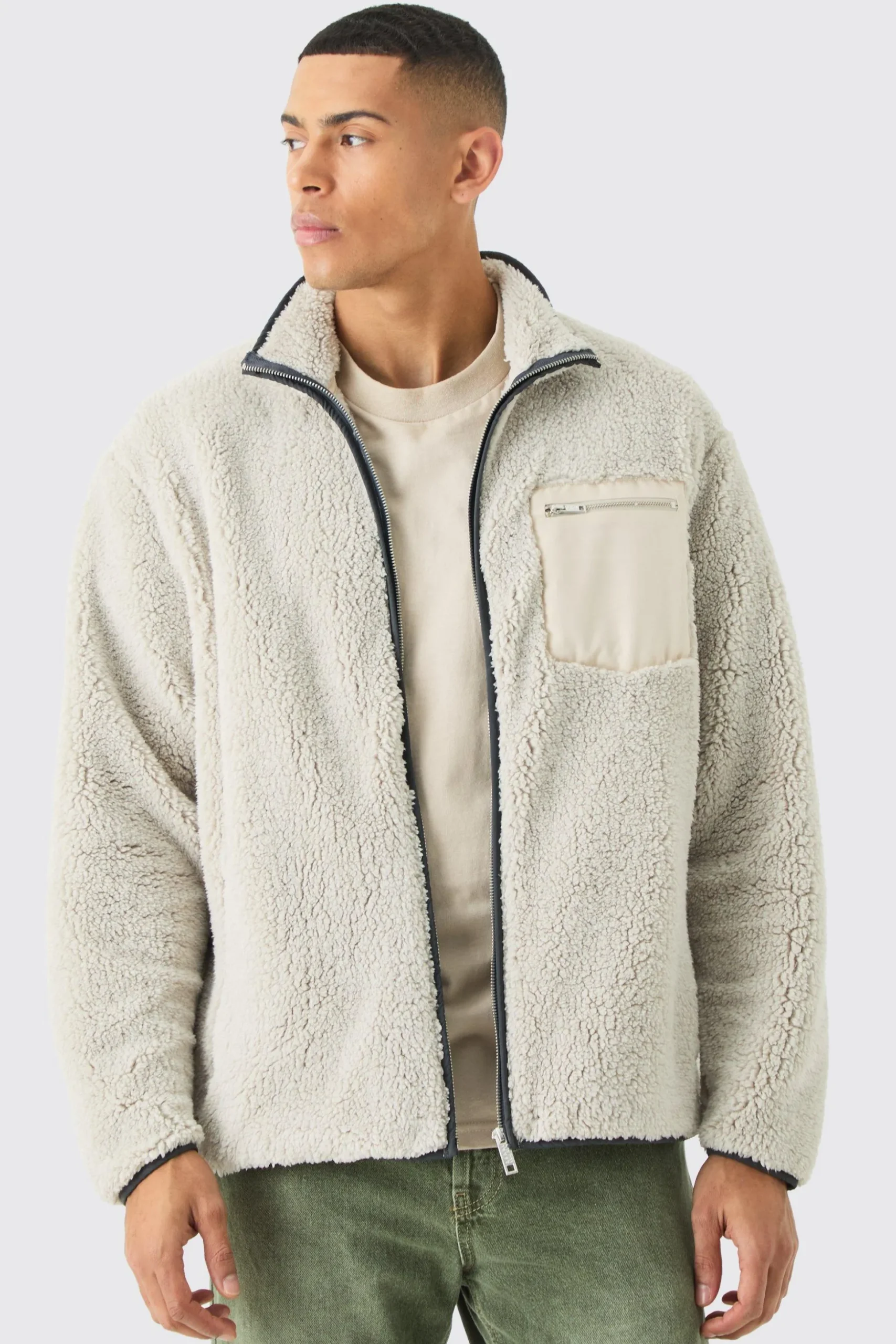 Oversized Contrast Borg Jacket | BoohooMAN UK