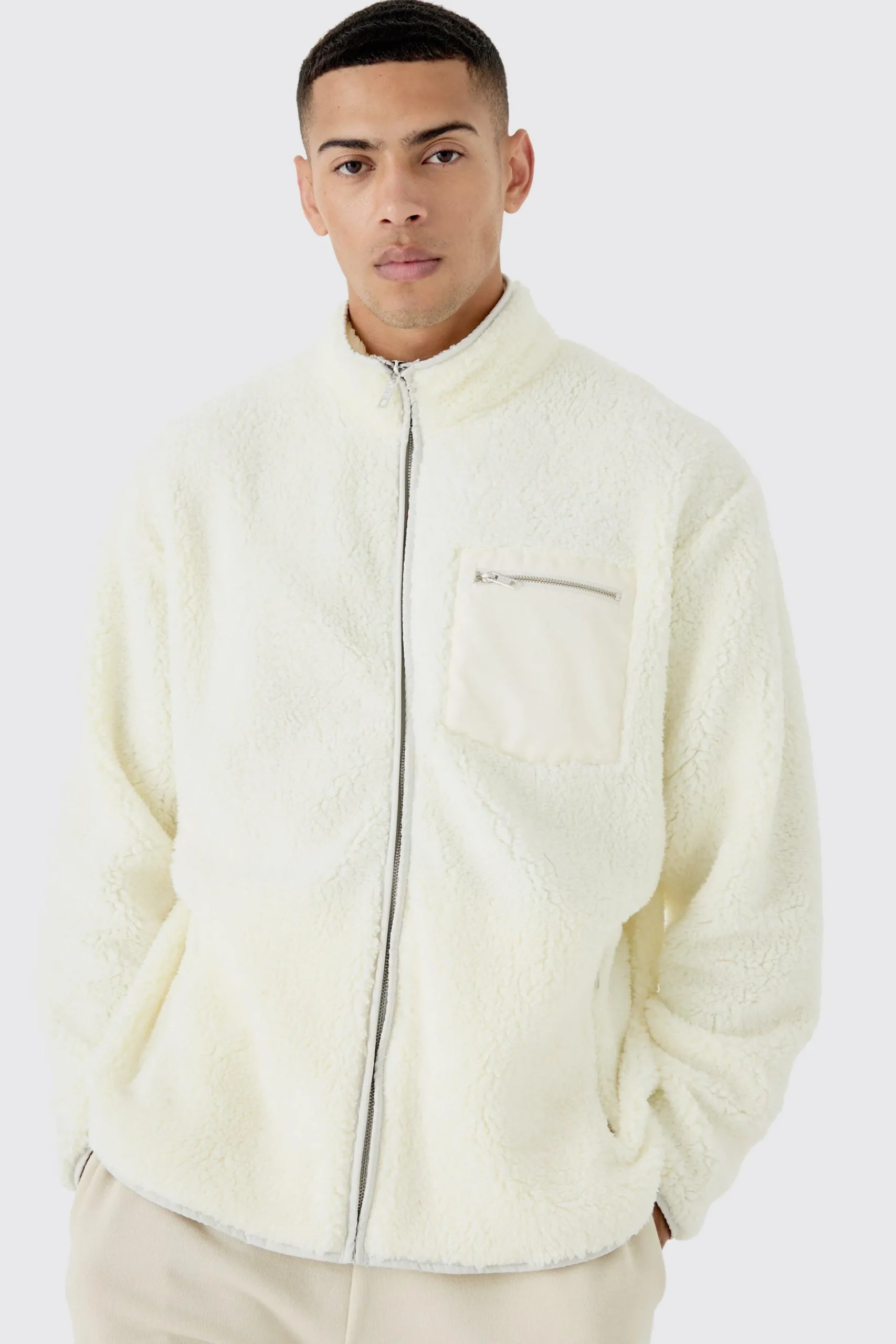 Oversized Contrast Borg Jacket | BoohooMAN UK