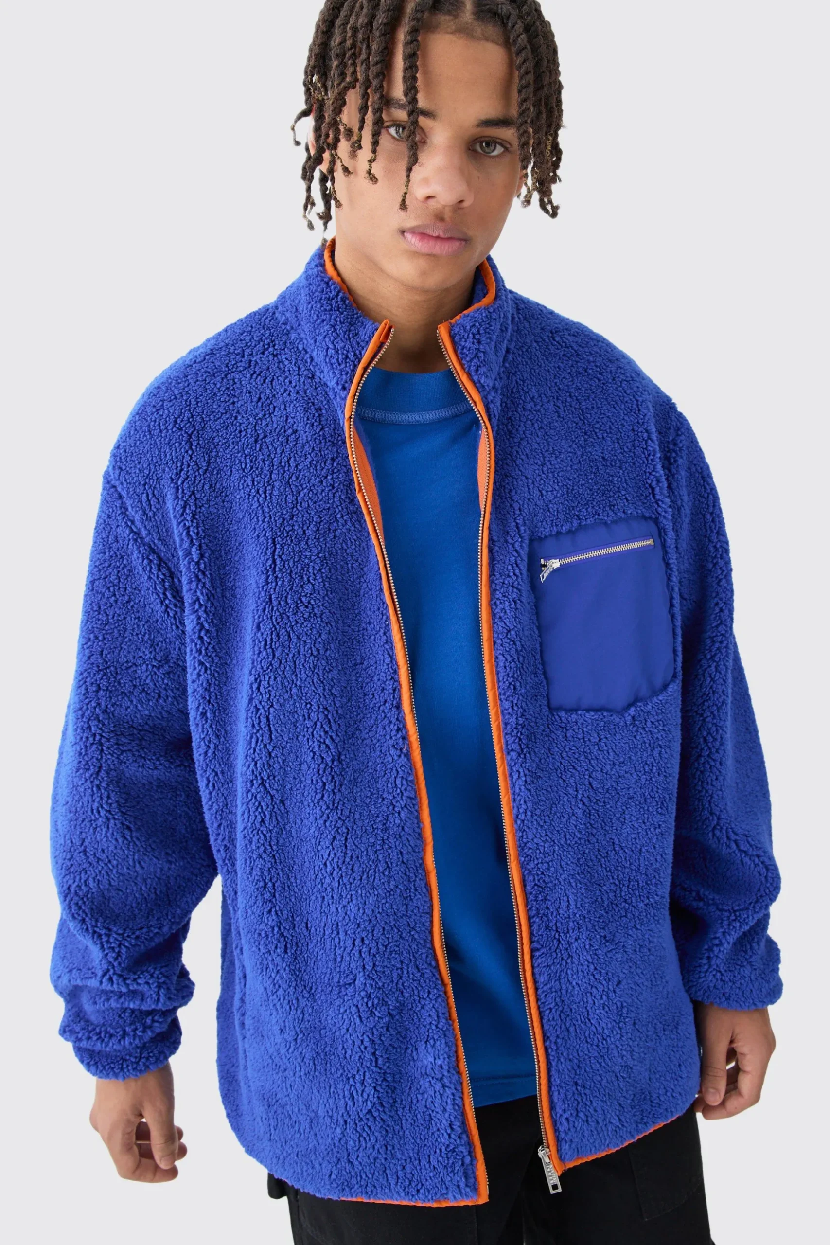 Oversized Contrast Borg Jacket | BoohooMAN UK