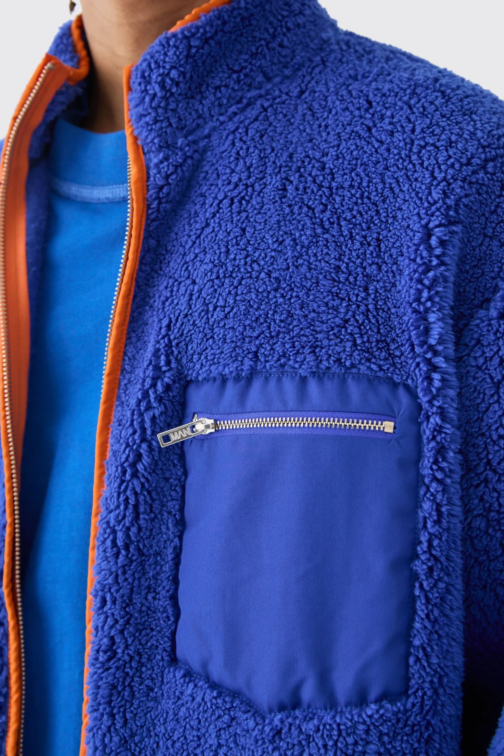 Oversized Contrast Borg Jacket | BoohooMAN UK
