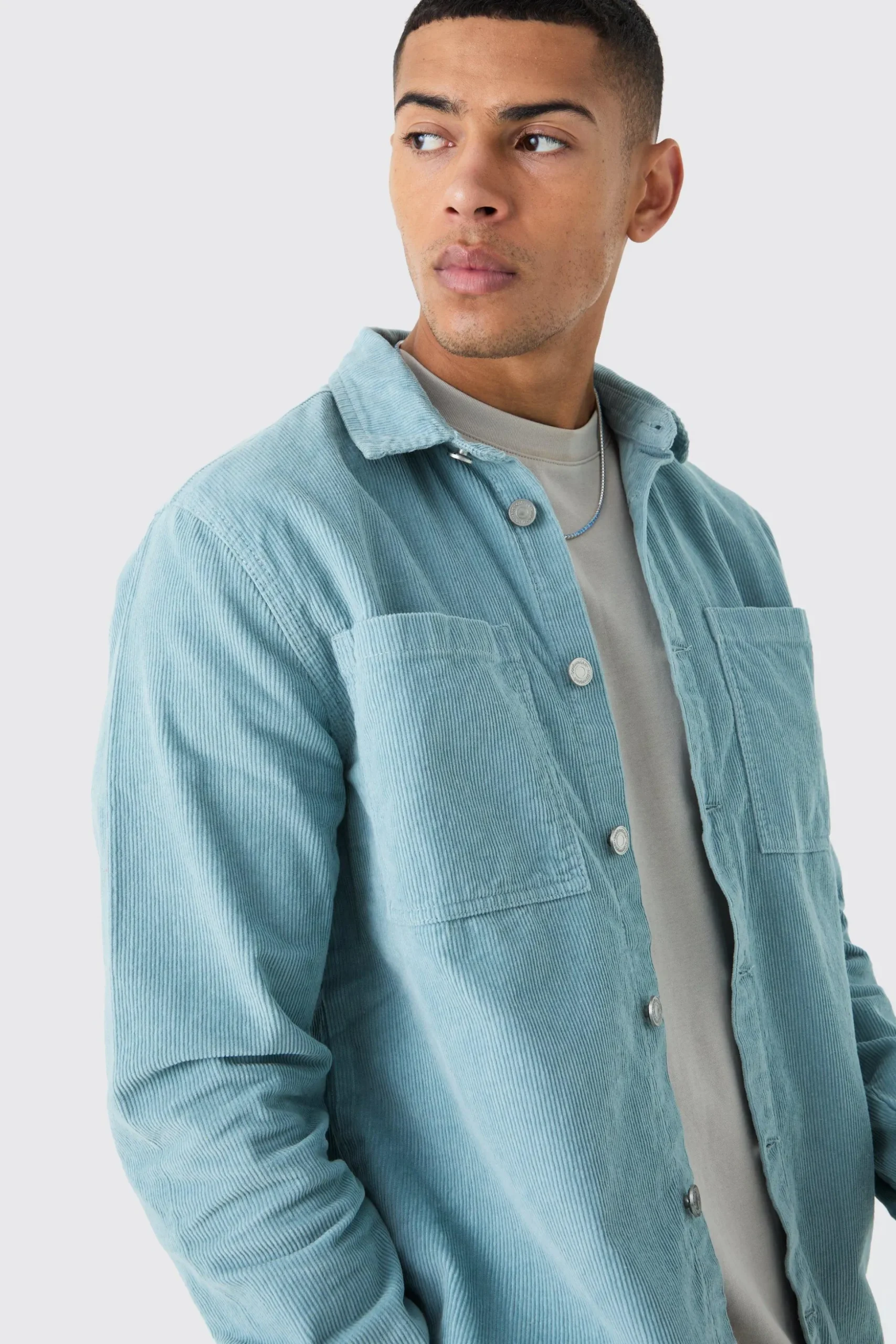 Oversized Cord Shirt In Slate | BoohooMAN UK