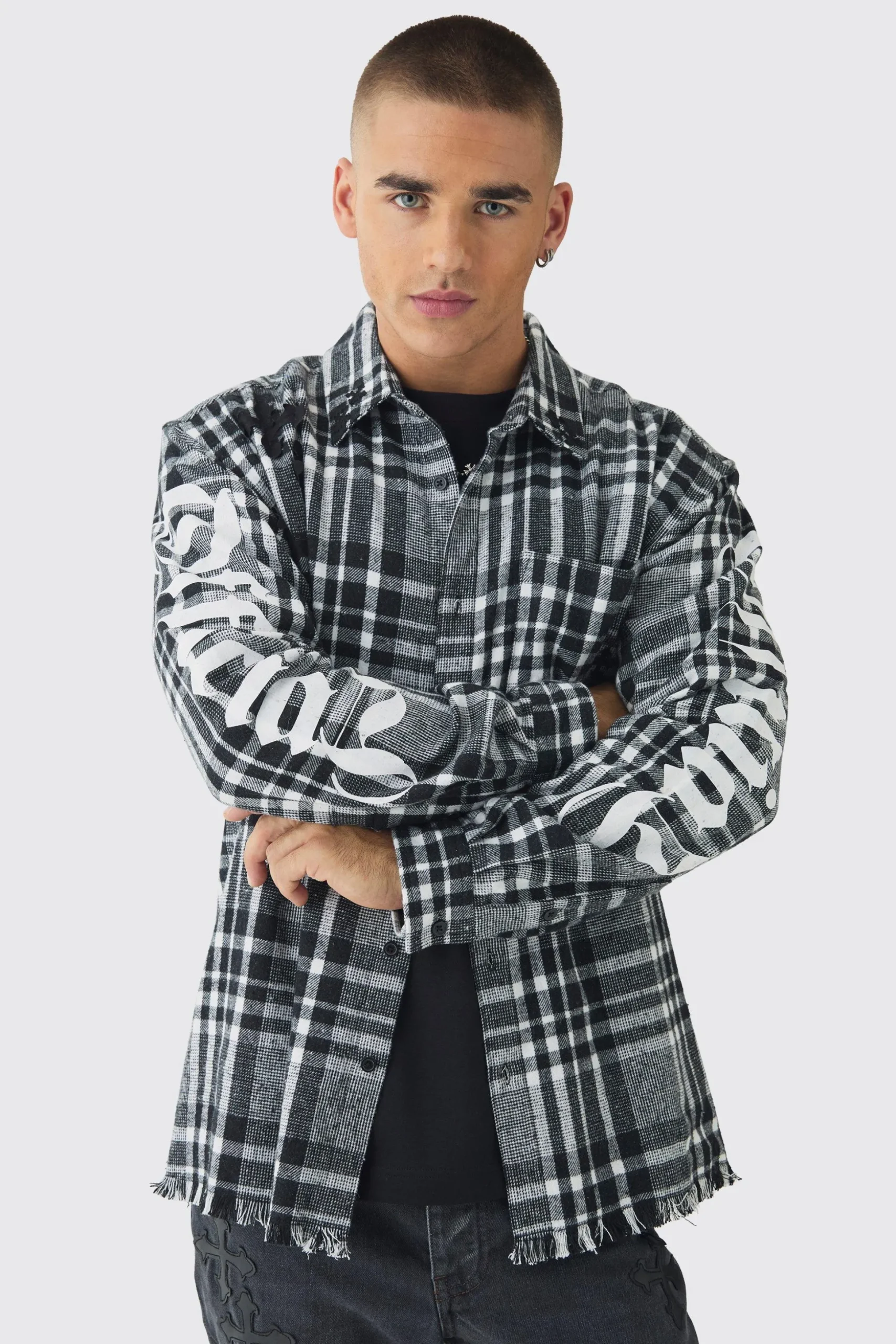 Oversized Cross Patchwork Check Long Sleeve Shirt | BoohooMAN UK