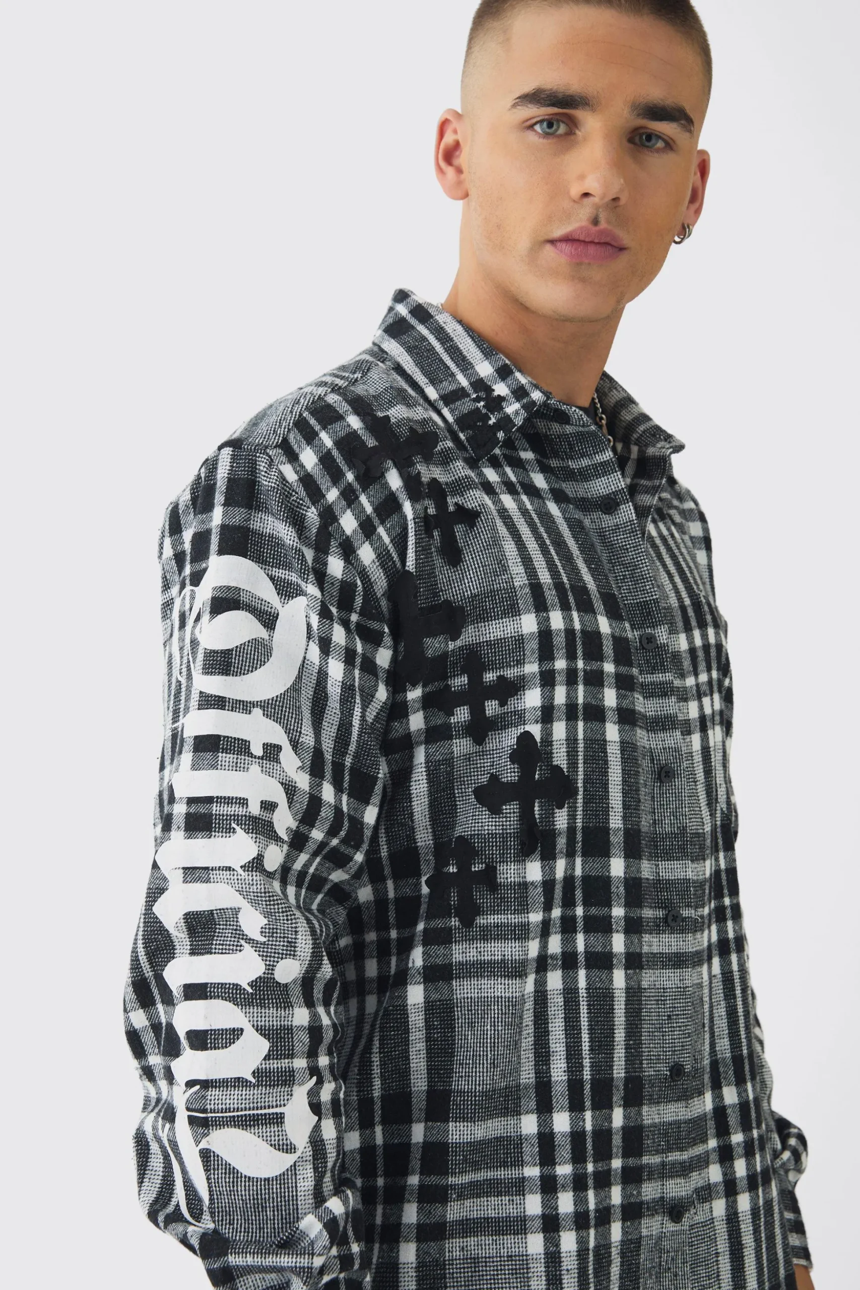 Oversized Cross Patchwork Check Long Sleeve Shirt | BoohooMAN UK