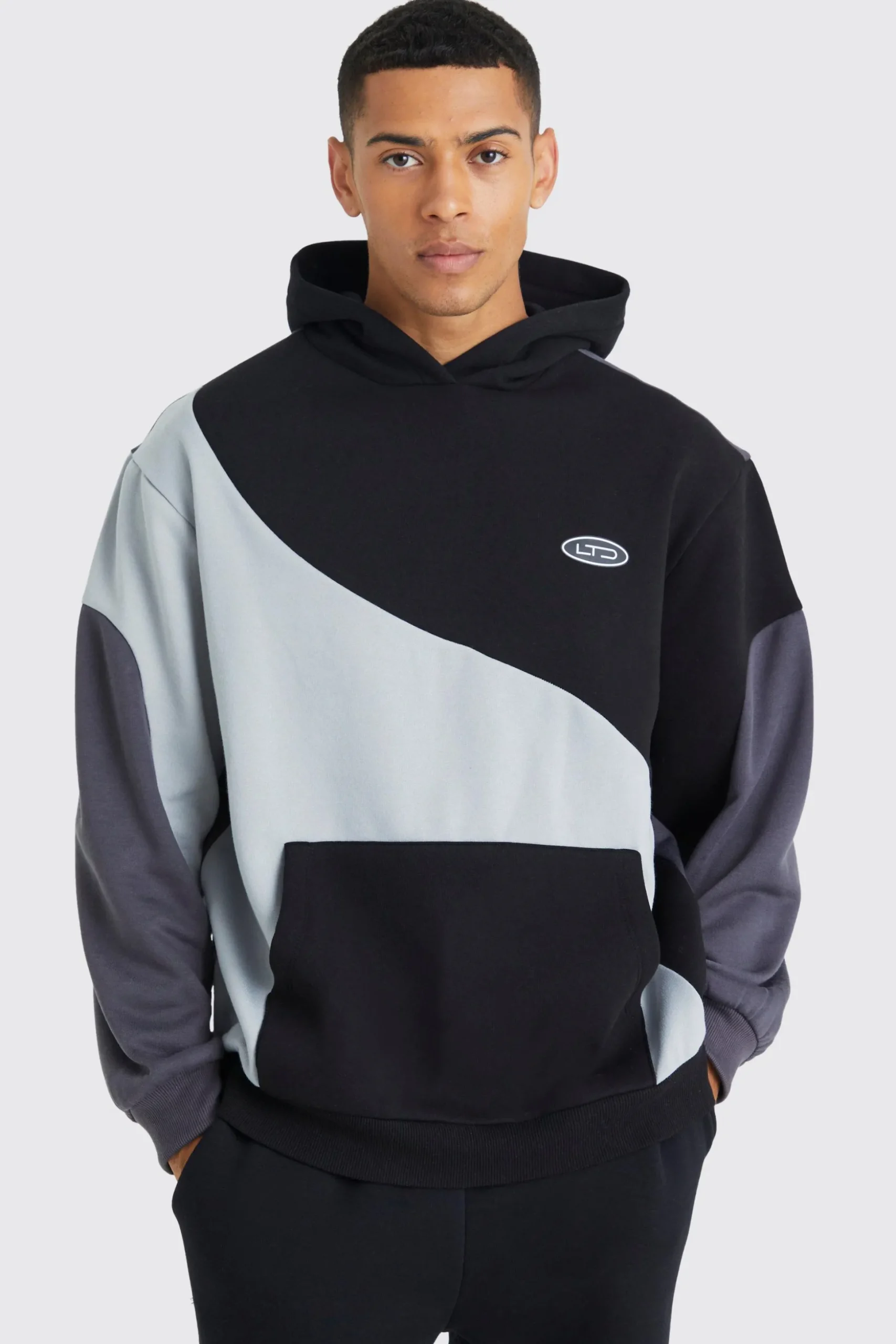 Oversized Curved Colour Block Hoodie | BoohooMAN UK