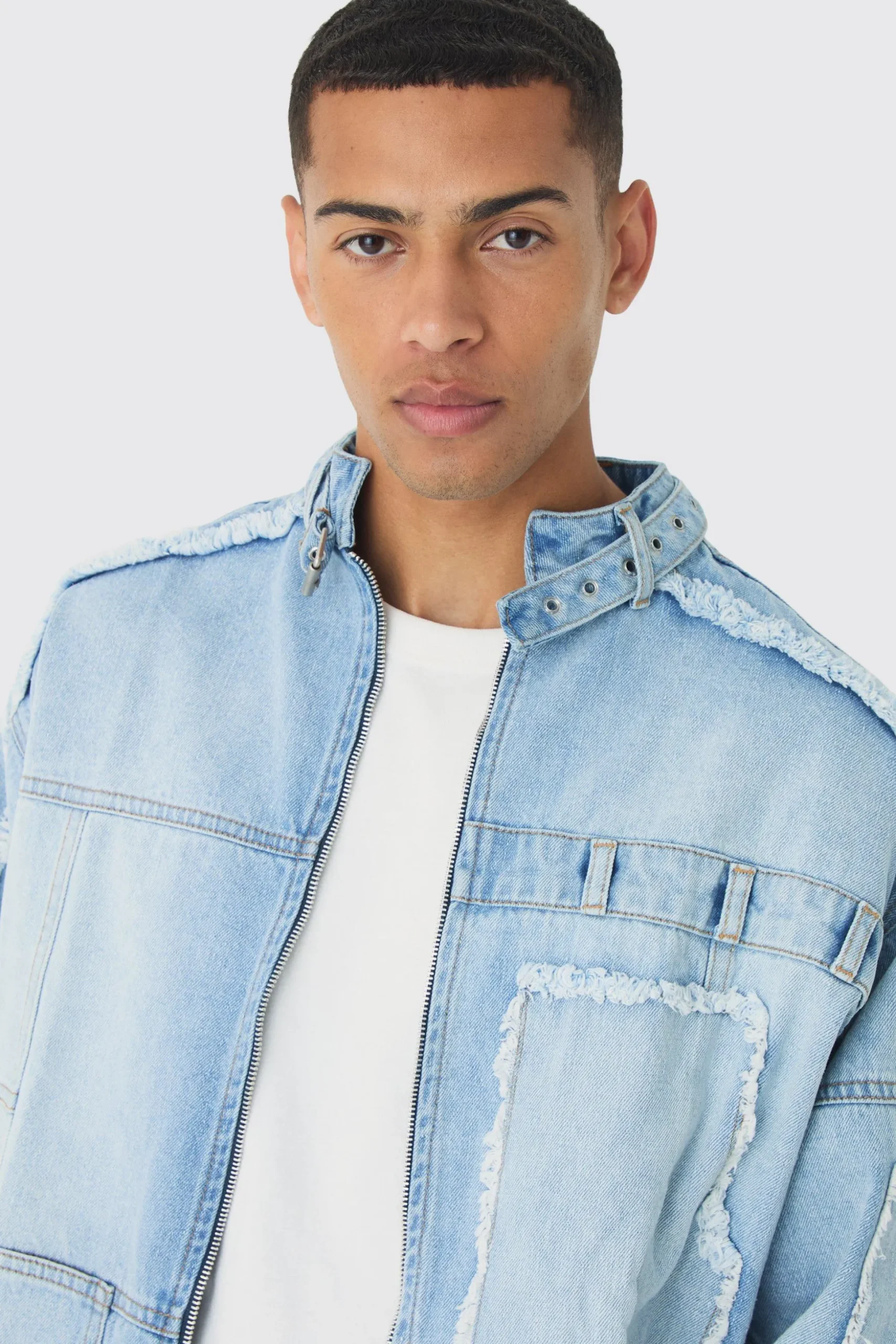 Oversized Dirty Wash Carpenter Denim Biker Jacket | BoohooMAN UK