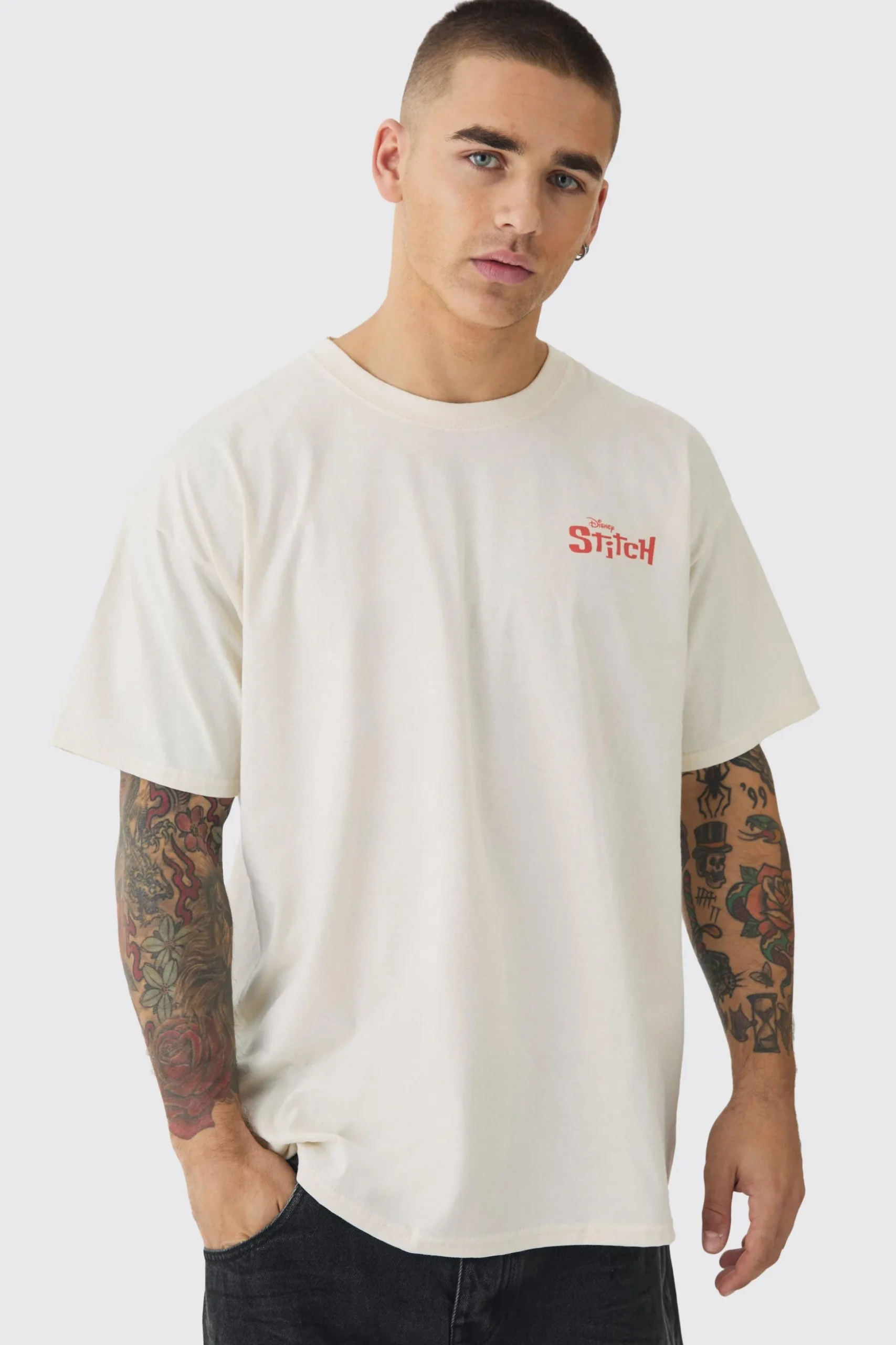 Oversized Disney Lilo And Stitch Wash License Print T-shirt | BoohooMAN UK