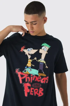 Oversized Disney Phineas And Ferb Wash License Print T-Shirt | BoohooMAN UK