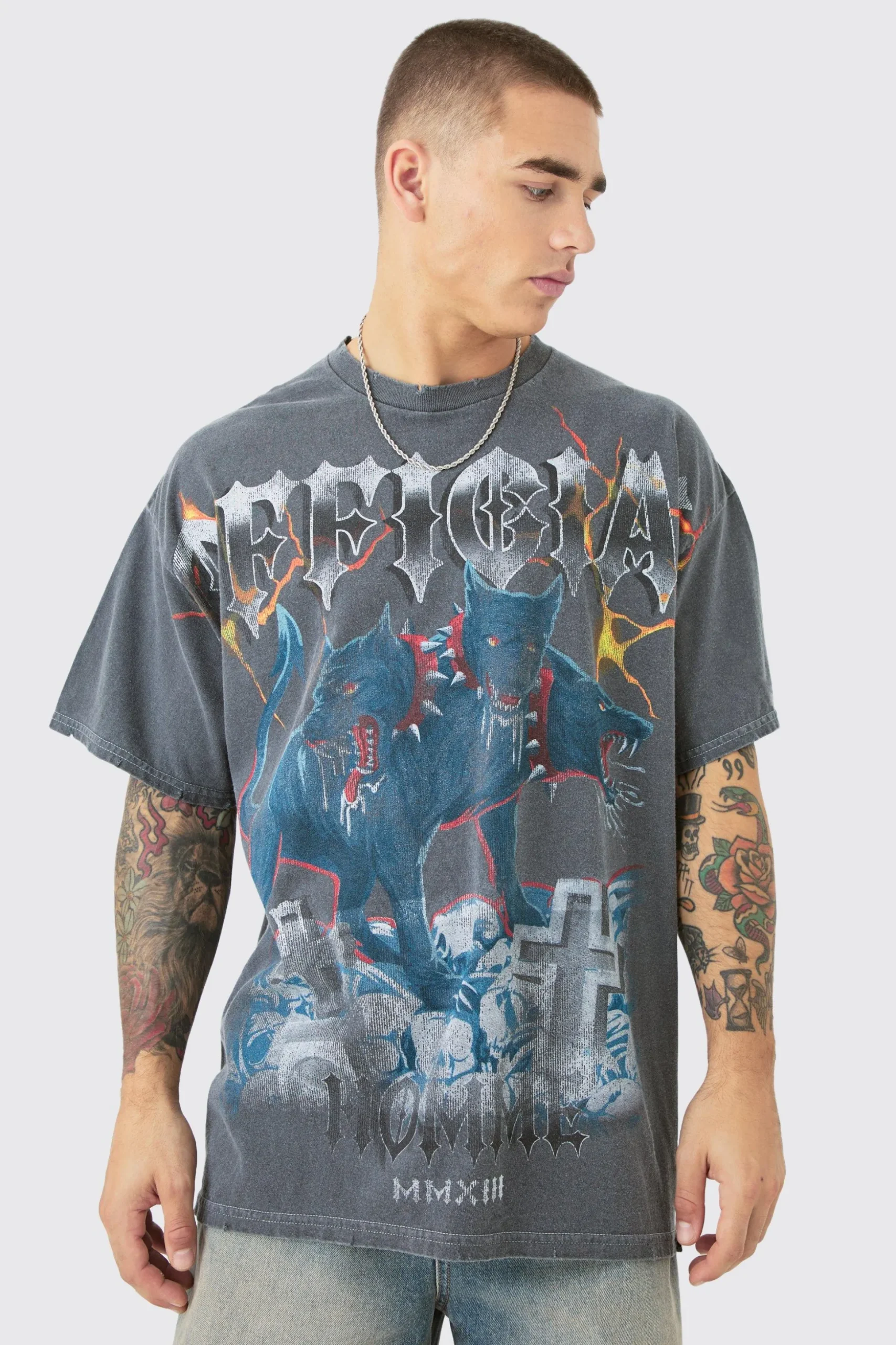 Oversized Distressed OFFCL Homme Wash Graphic T-shirt | BoohooMAN UK