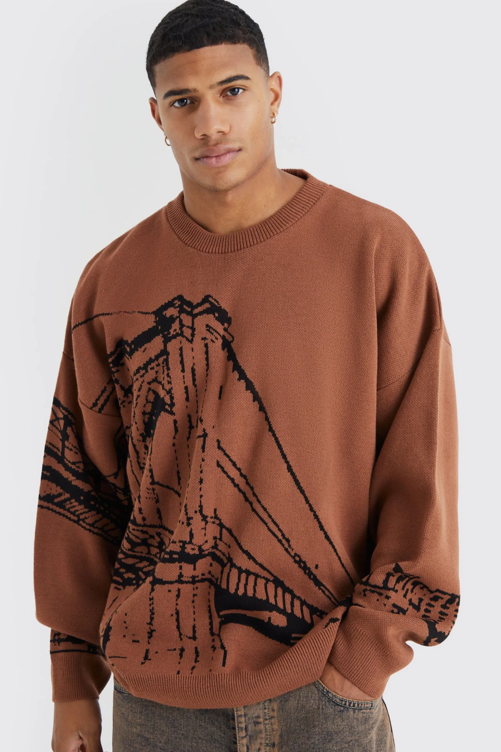 Oversized Drop Shoulder Line Graphic Jumper | BoohooMAN UK